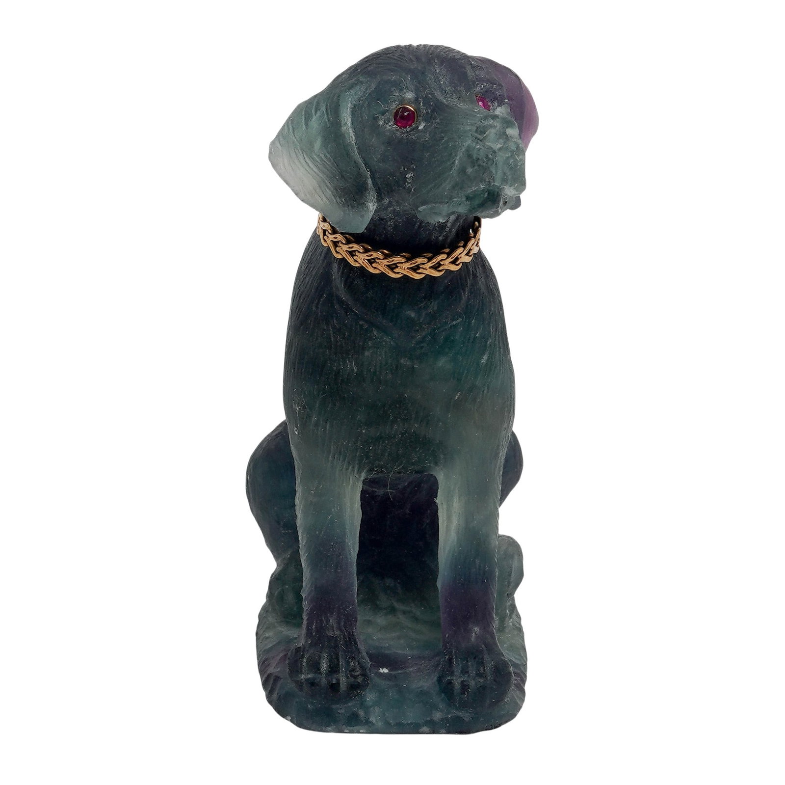 Imperial Russian Era Carved Fluorite, 14k Gold, and Ruby Dog Figurine: Imperial Russian Era Carved Fluorite, 14k Gold, and Ruby Dog Figurine Faberge Era, Russian A Russian Faberge era carved fluorite Labrador dog figurine featuring a braided 14k gold collar and ruby inse