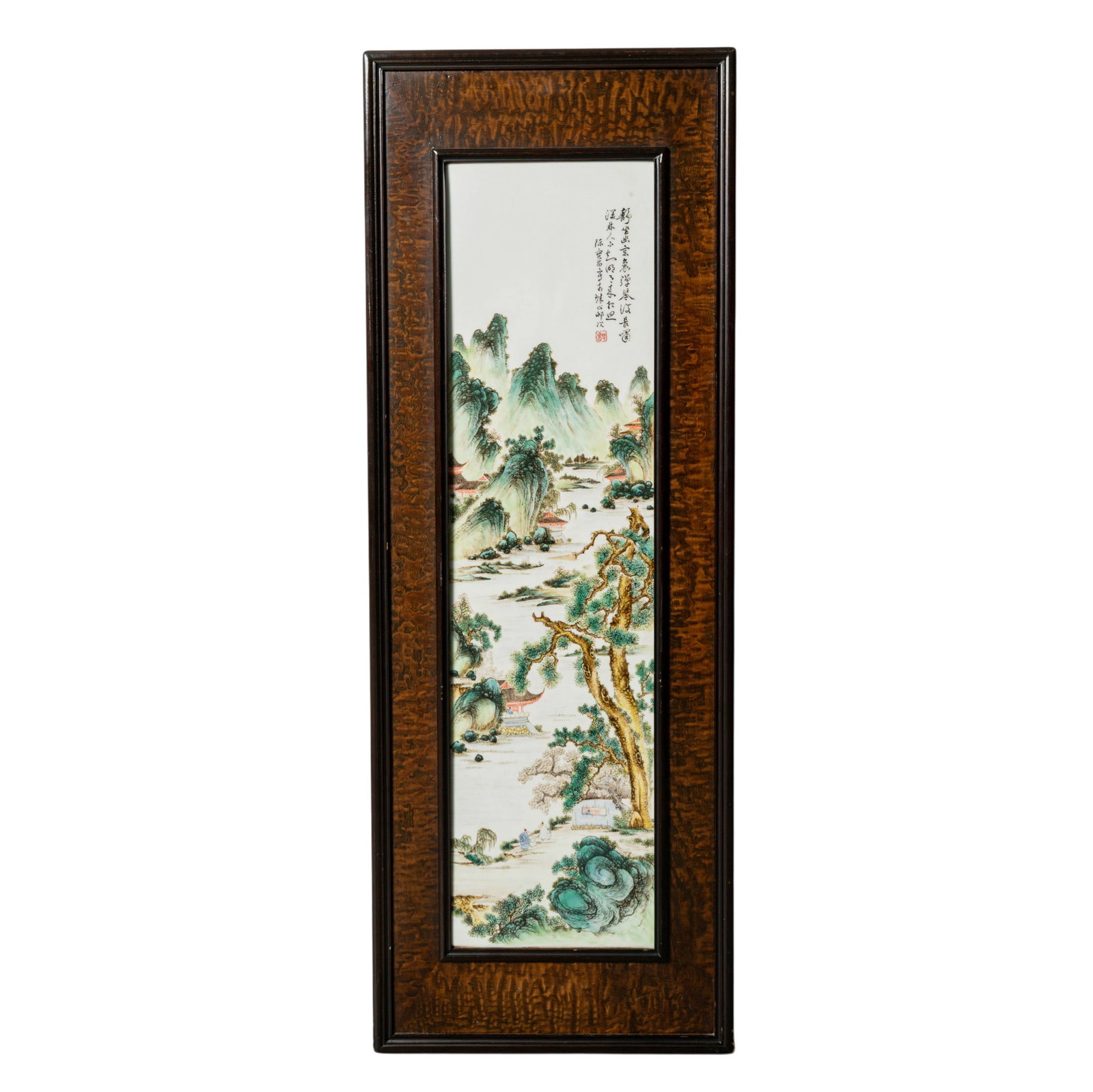 Antique Chen Baochang Famille Rose Porcelain Plaque: Antique Chen Baochang Famille Rose Porcelain Plaque Late 19th Century, China This photograph captures a framed, hand-painted Chinese porcelain landscape plaque leaning upright in an antique shop or au