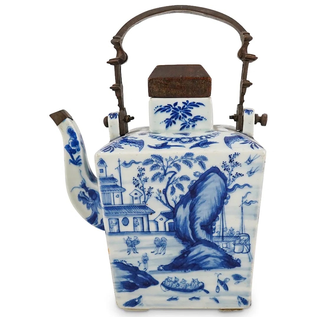 Antique Chinese For Vietnamese Market Blue & White Porcelain Teapot: Antique Chinese For Vietnamese Market Blue & White Porcelain Teapot 19th Cent. China Antique porcelain teapot for the Vietnamese market featuring a blue and white glaze depicting scenes of port towns 
