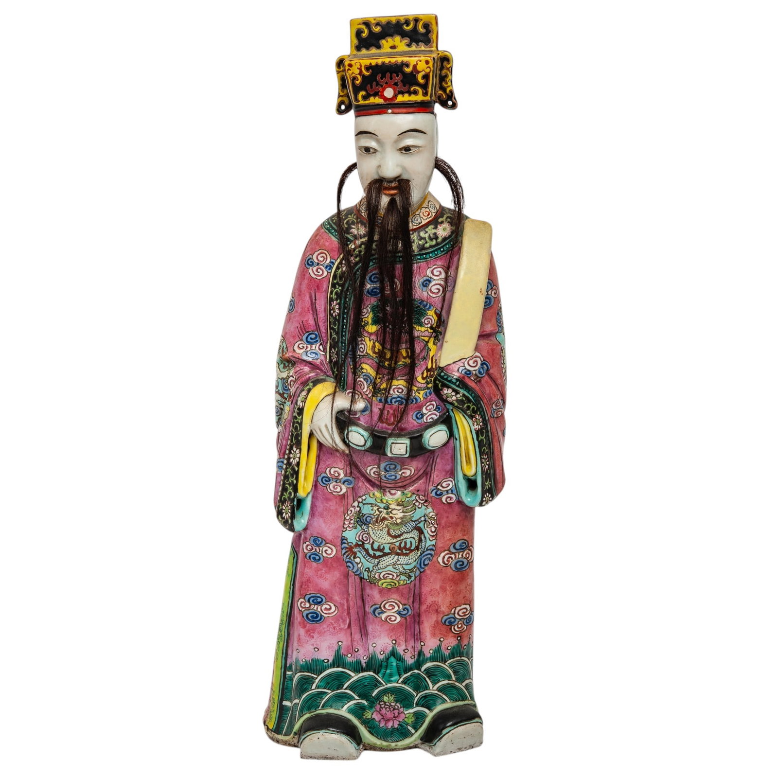 Large Chinese Famille Rose Porcelain Statue of Fu Xing w/ Child: Large Chinese Famille Rose Porcelain Statue of Fu Xing w/ Child c. 1900-1930s, Chinese Antique Chinese famille rose large porcelain statue of Fu Xing, the traditional star god of happiness and prosper