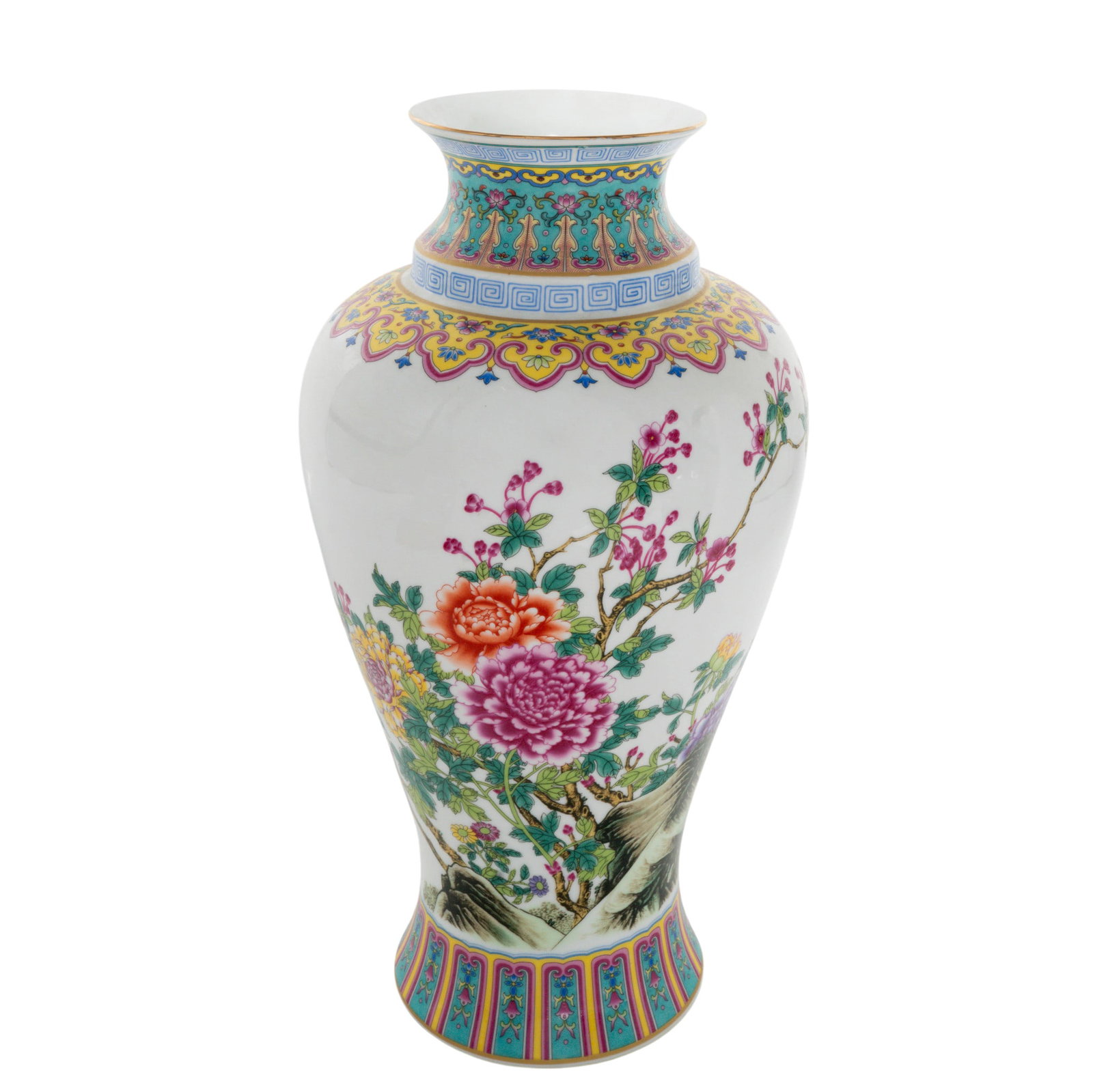 Chinese Jingdezhen Yuhuai Porcelain Vase: Chinese Jingdezhen Yuhuai Porcelain Vase 20th Century, China Baluster-form Chinese porcelain vase decorated in the famille rose palette with flowering peonies and other blossoms beneath ornate polychr