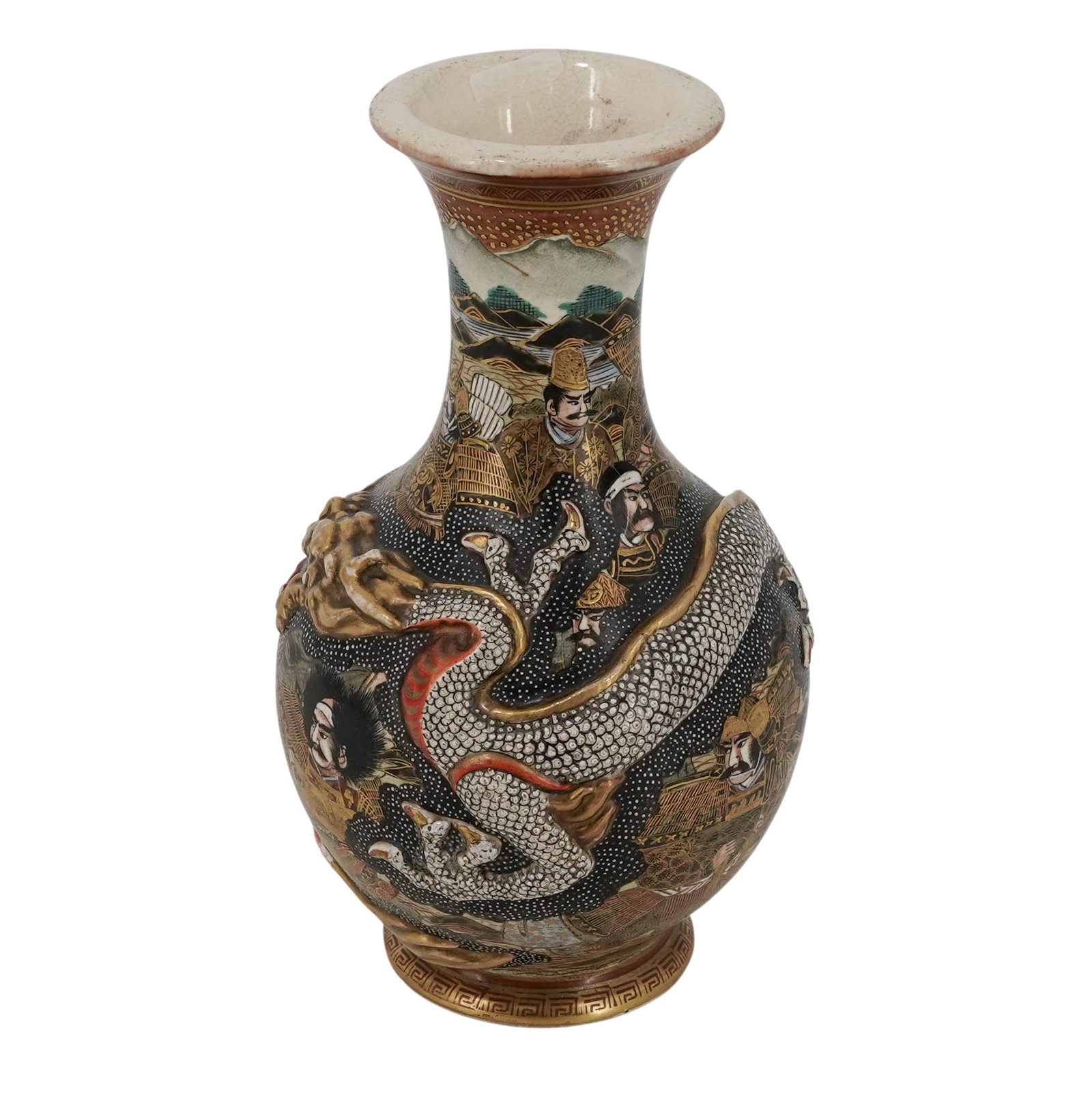 Japanese Meiji Satsuma Porcelain Vase: Japanese Meiji Satsuma Porcelain Vase 1868–1912. Japanese This antique vase showcases raised, three-dimensional details, including the textured body of a dragon wrapping around the center. The backg