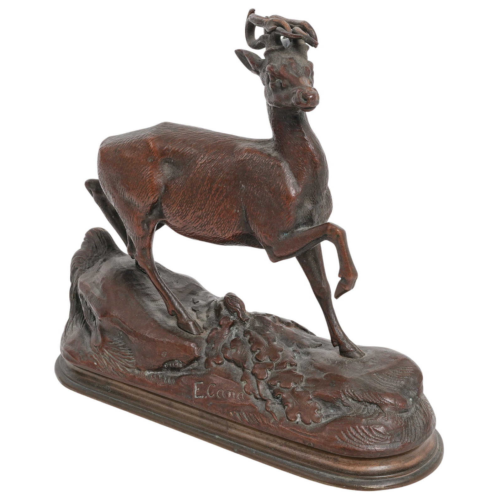 Louis Emile Cana (French, 1845-1895) Bronze Stag Sculpture: Louis Emile Cana (French, 1845-1895) Bronze Stag Sculpture Mid-19th Century, France Bronze sculpture of a stag in motion atop a naturalistic rocky base, modeled with finely detailed antlers and anatom