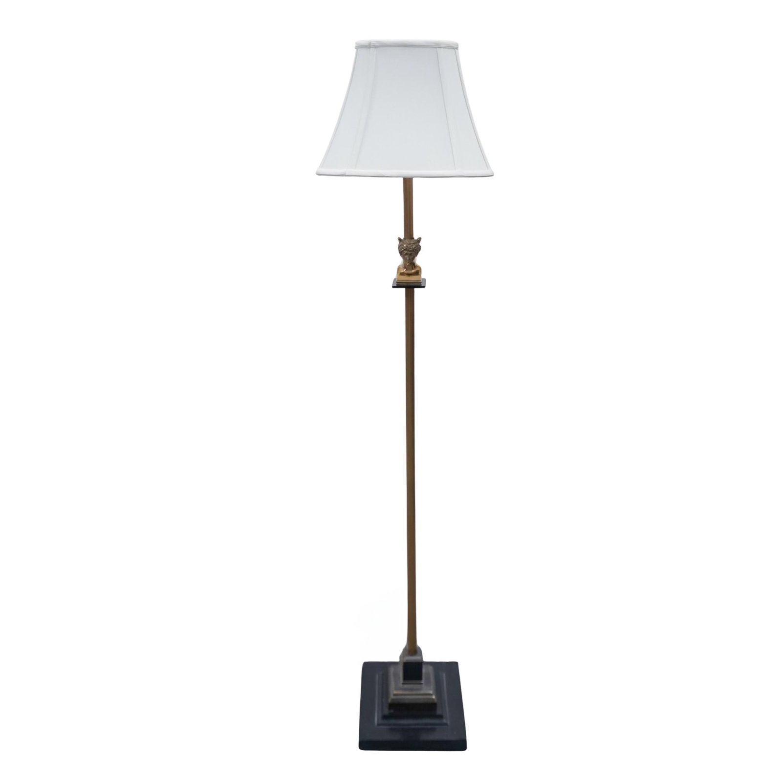Neoclassical Style Gilt Metal Floor Lamp: Neoclassical Style Gilt Metal Floor Lamp 20th century, Continental A Neoclassical style floor lamp with a gilt metal stem carved with a Neoclassical figural bust. Affixed to a black base with a white 