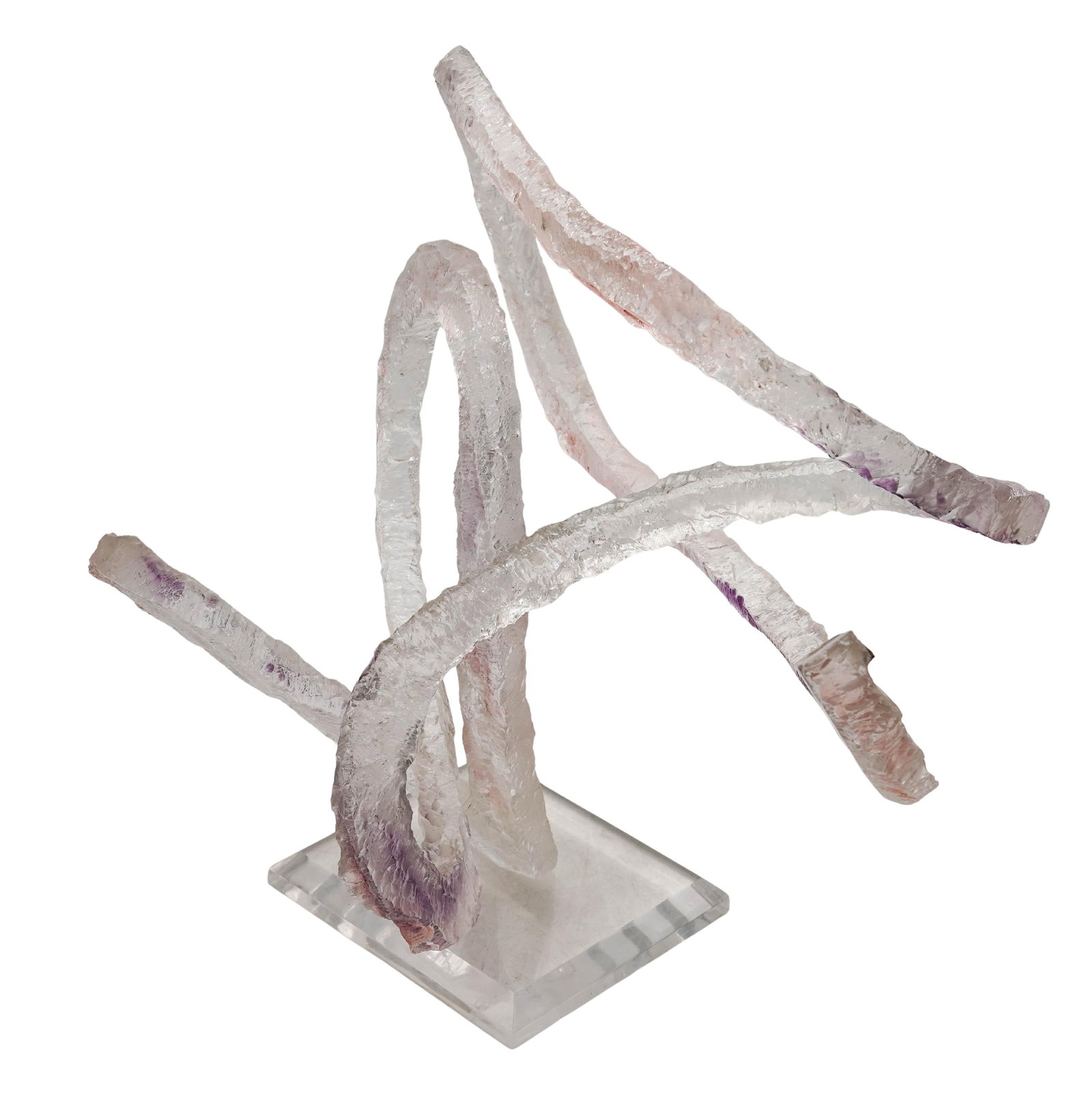 Lucite Pink & Purple 'Cool' Abstract Sculpture: Lucite Pink & Purple 'Cool' Abstract Sculpture Late 20th Century, USA Contemporary abstract lucite sculpture, featuring an energetic arrangement of intersecting ribbon-like forms in translucent pink, 