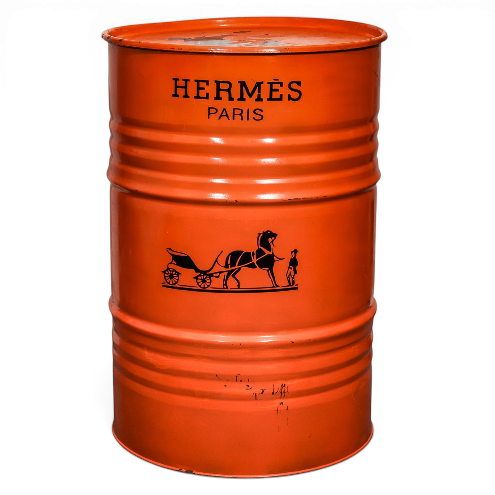Hermes Pop Art Oil Barrel: Hermes Pop Art Oil Barrel 21st century Custom upcycled pop art oil barrel featuring the luxury brand branding of Hermès Paris. These pieces are popular decorative objects and functional furniture cre