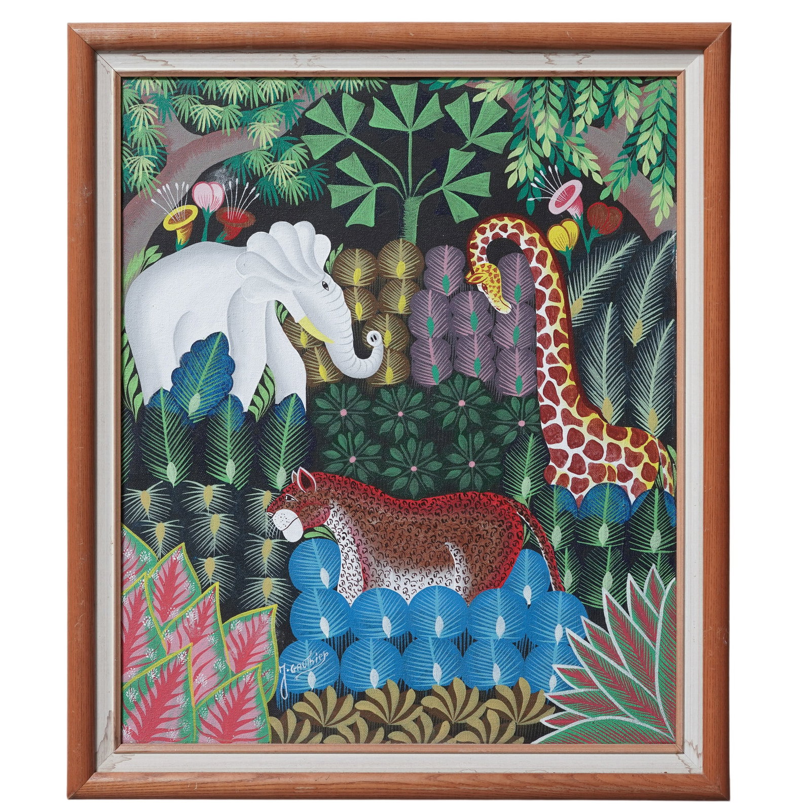 Joel Gauthier (Hatian, 1955-) Jungle Scene, Acrylic on Canvas: Joel Gauthier (Hatian, 1955-) Jungle Scene, Acrylic on Canvas Late 20th Century, Haiti Colorful acrylic on canvas painting by Haitian artist Joel Gauthier depicting a vibrant tropical jungle populated