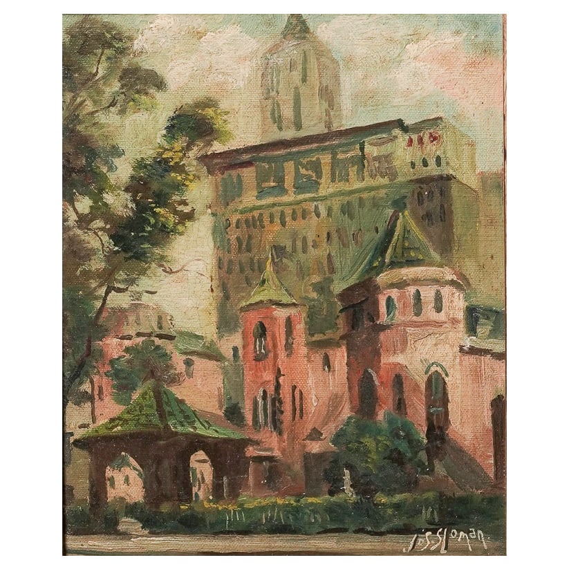 Joseph Sloman (American, b. 1883) Impressionistic Architectural Landscape Oil Board: Joseph Sloman (American, b. 1883) Impressionistic Architectural Landscape Oil Board c. 1930s-1940s, USA The piece features a signature in the lower right corner reading J. Sloman. The painting depicts