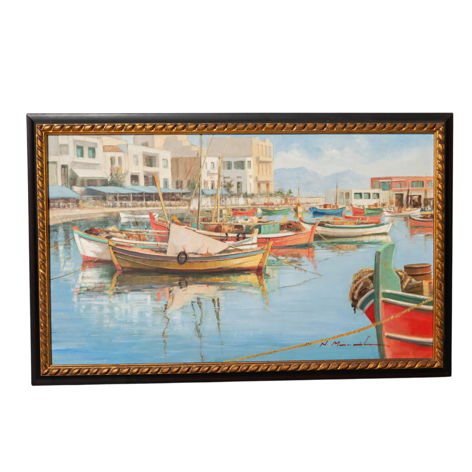 Nikoe Maniathe Oil on Canvas Harbor Scene: Nikoe Maniathe Oil on Canvas Harbor Scene Greece Oil on canvas harbor scene signed “N. Maniathe” at the lower right corner. Depicts a coastal waterfront with docked boats, shoreline architectu