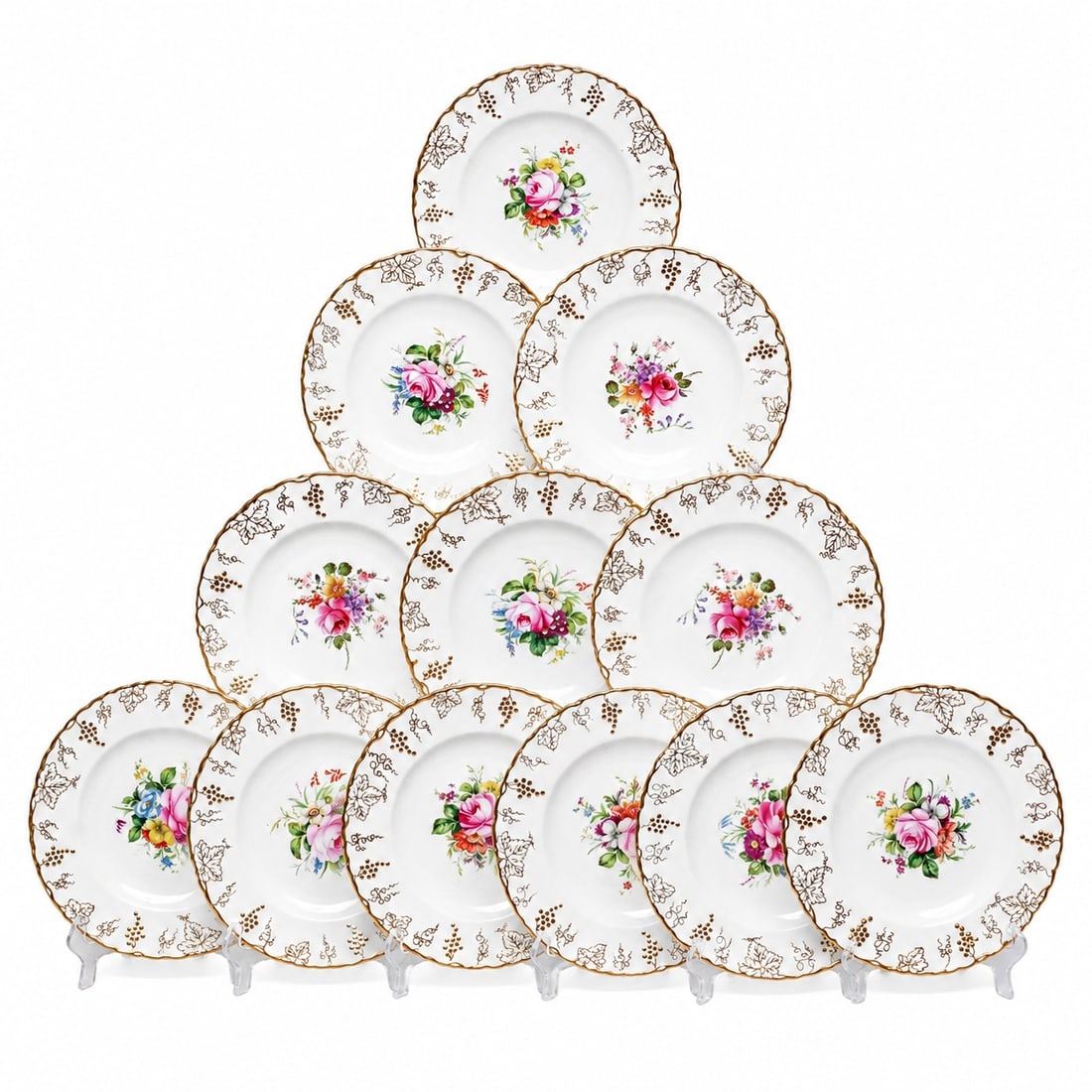 (12pc) English Royal Crown Derby â€œVine" Porcelain Plates: (12pc) English Royal Crown Derby “Vine” Porcelain Plates Circa 1943. English This English fine china plate collection features a vibrant, hand-painted floral bouquet in the center with pink ro
