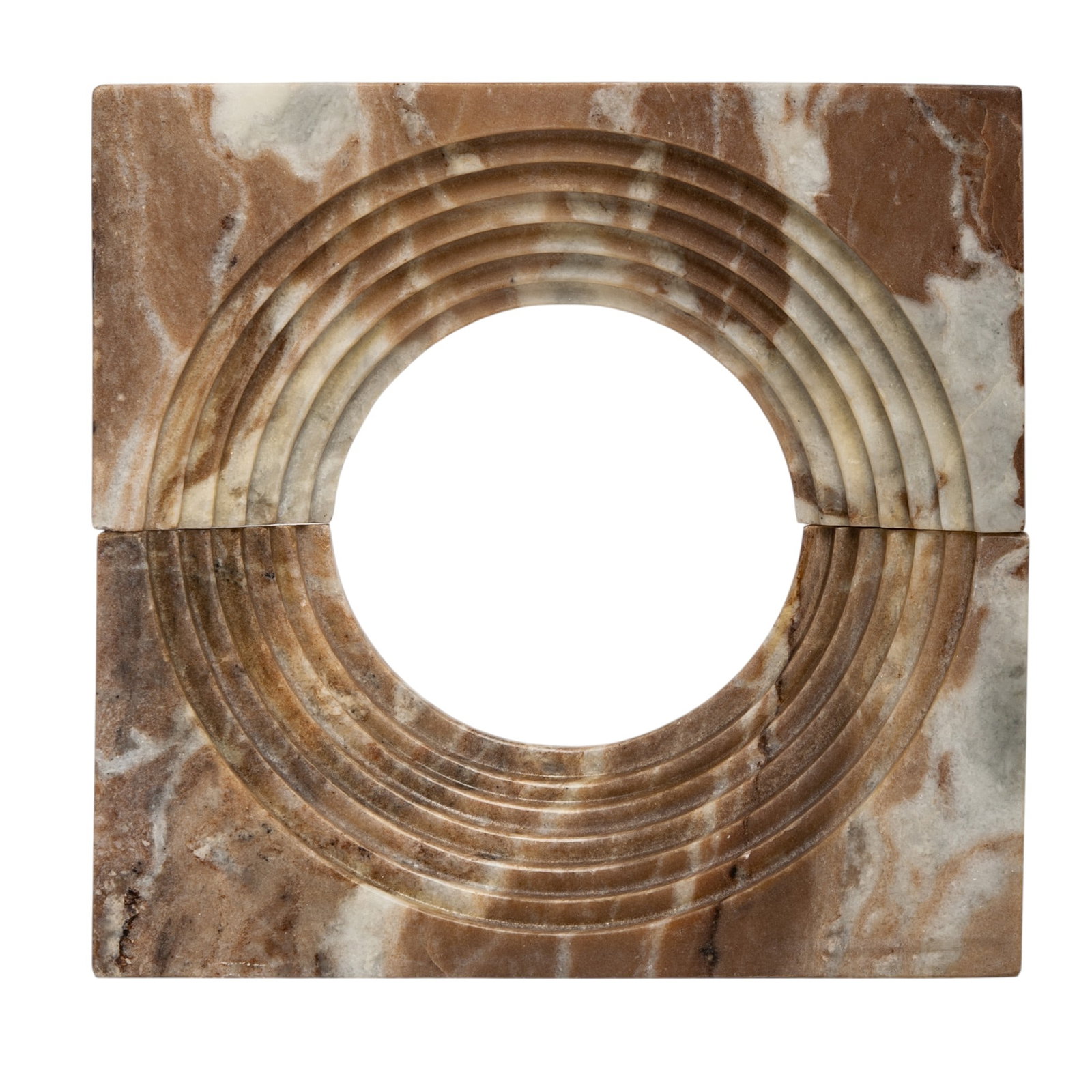 Pair Marble Decorative Sculptures: Pair Marble Decorative Sculptures 20th century, USA Pair of heavy marble decorative sculptures, with prominent veining with swirling shades of beige, cream, tan, and white. Each: L.12.25" x H. 6" x W.