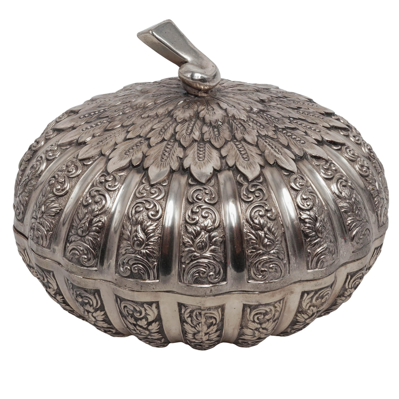 Japanese Silverplated Pumpkin Lidded Box: Japanese Silverplated Pumpkin Lidded Box Mid 20th Cent., Japanese This vintage silver-plated lidded box features a whimsical, pumpkin-shaped design covered in incredibly detailed, traditional Japanese