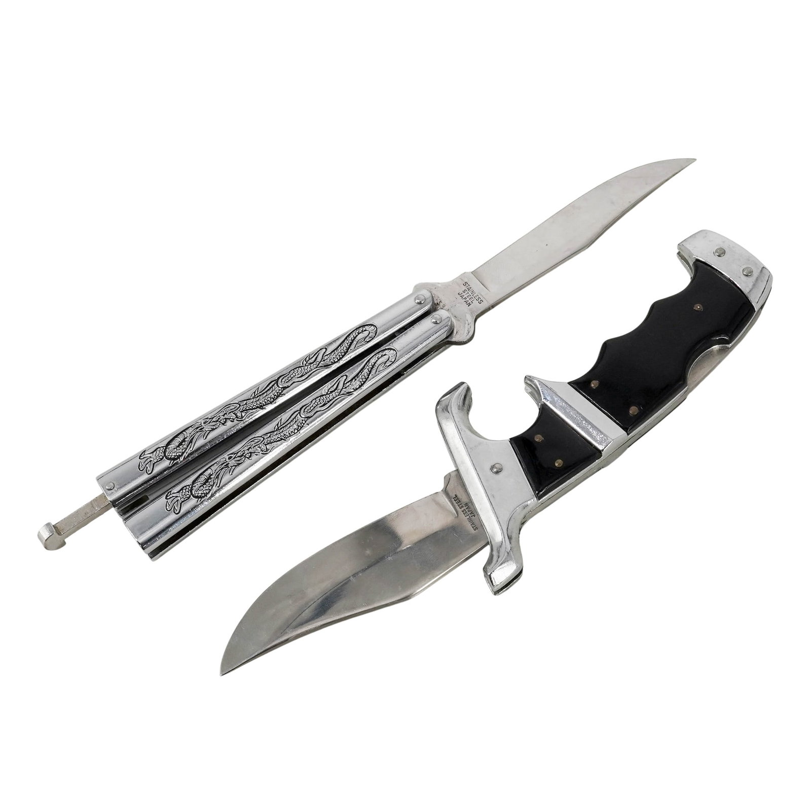 (2 pcs) Japanese Stainless Steel Knives: (2 pcs) Japanese Stainless Steel Knives Mid to late 20th century, Japanese (2 pc) Japanese knives (1) Vintage Japanese butterfly knife (balisong). Stainless steel blade and handles, handles with etche