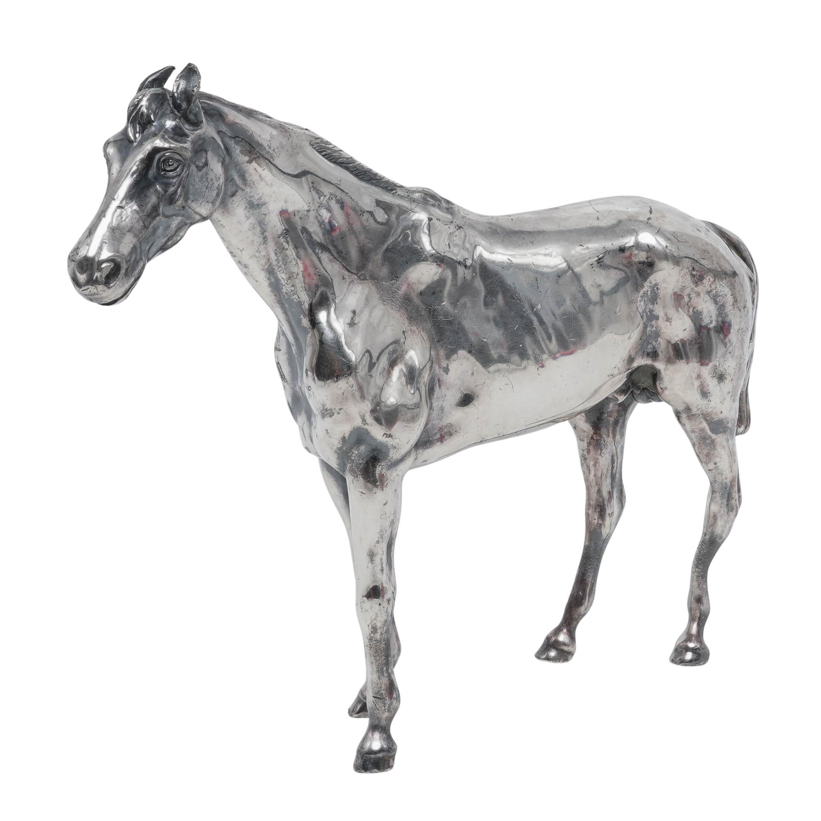 Silver Overlaid Horse Figure: Silver Overlaid Horse Figure 20th century A horse figure with a silver overlay. Marked on bottom "JB". H 6.5" x L 8.25" x W 1.75"