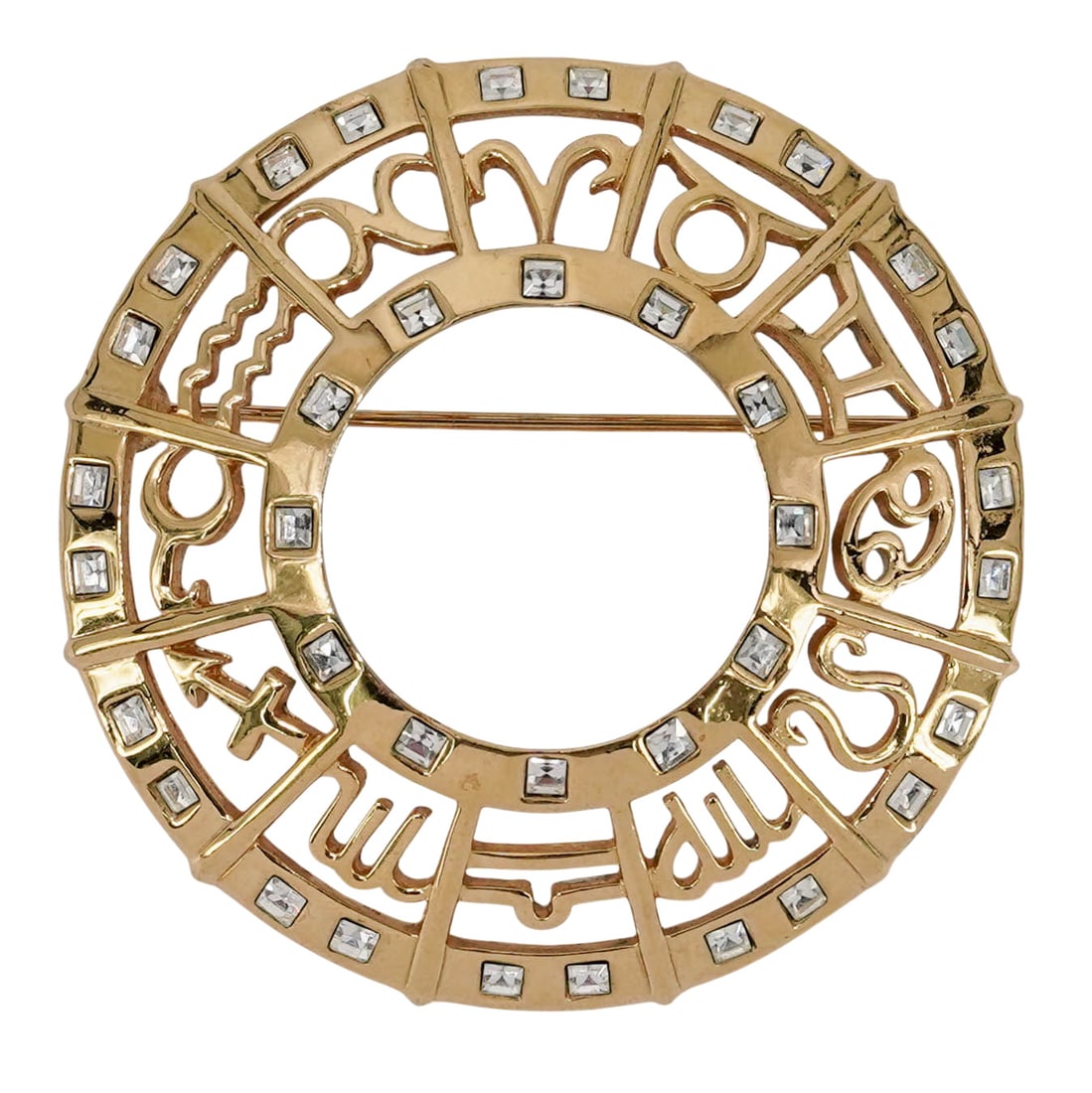 Swarovski Style Vintage Gold-Plated Astrological Zodiac Brooch: Swarovski Style Vintage Gold-Plated Astrological Zodiac Brooch 20th century, European Swarovski style Vintage Gold-Plated brass Astrological Zodiac Brooch, with premium, precision-cut square rhineston