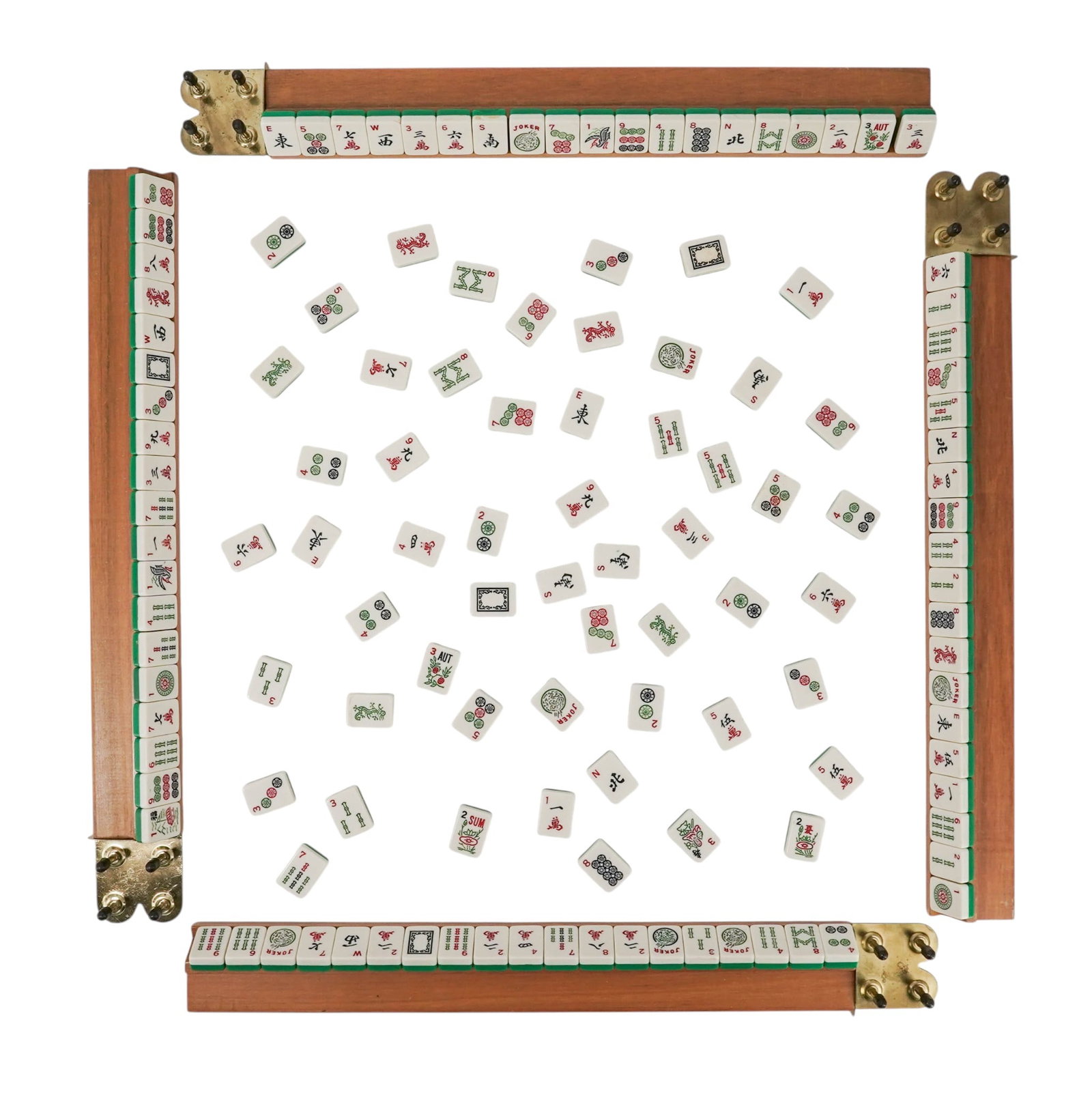 Vintage Mahjong Set: Vintage Mahjong Set 20th Century, China Vintage mahjong game set housed in a wooden carrying case decorated with sunflower motifs and fitted with brass-tone hardware and handle. The set comes with 152