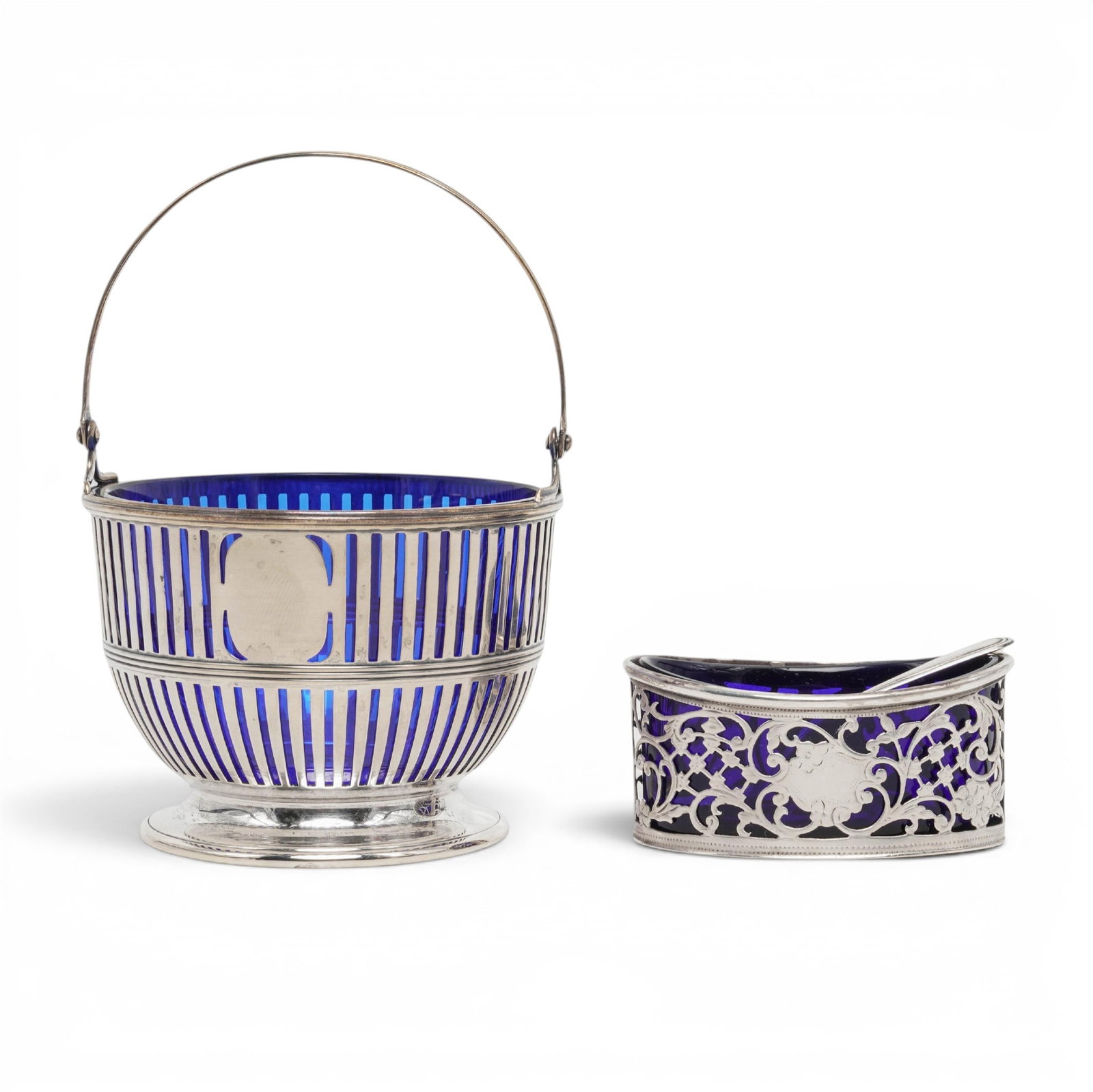 (2 pcs) Antique Sterling Silver and Cobalt Glass Salt Cellars (1 of 6)