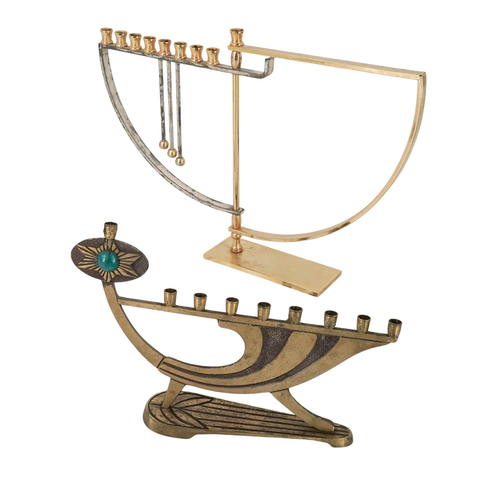(2 pc) Vintage Israeli Menorahs: (2 pc) Vintage Israeli Menorahs Mid-20th Century, Israel Including a Karshi Original menorah, retaining its original label identifying it as 24 KT Gold & Silver Plated, manufactured in Jerusalem. The 
