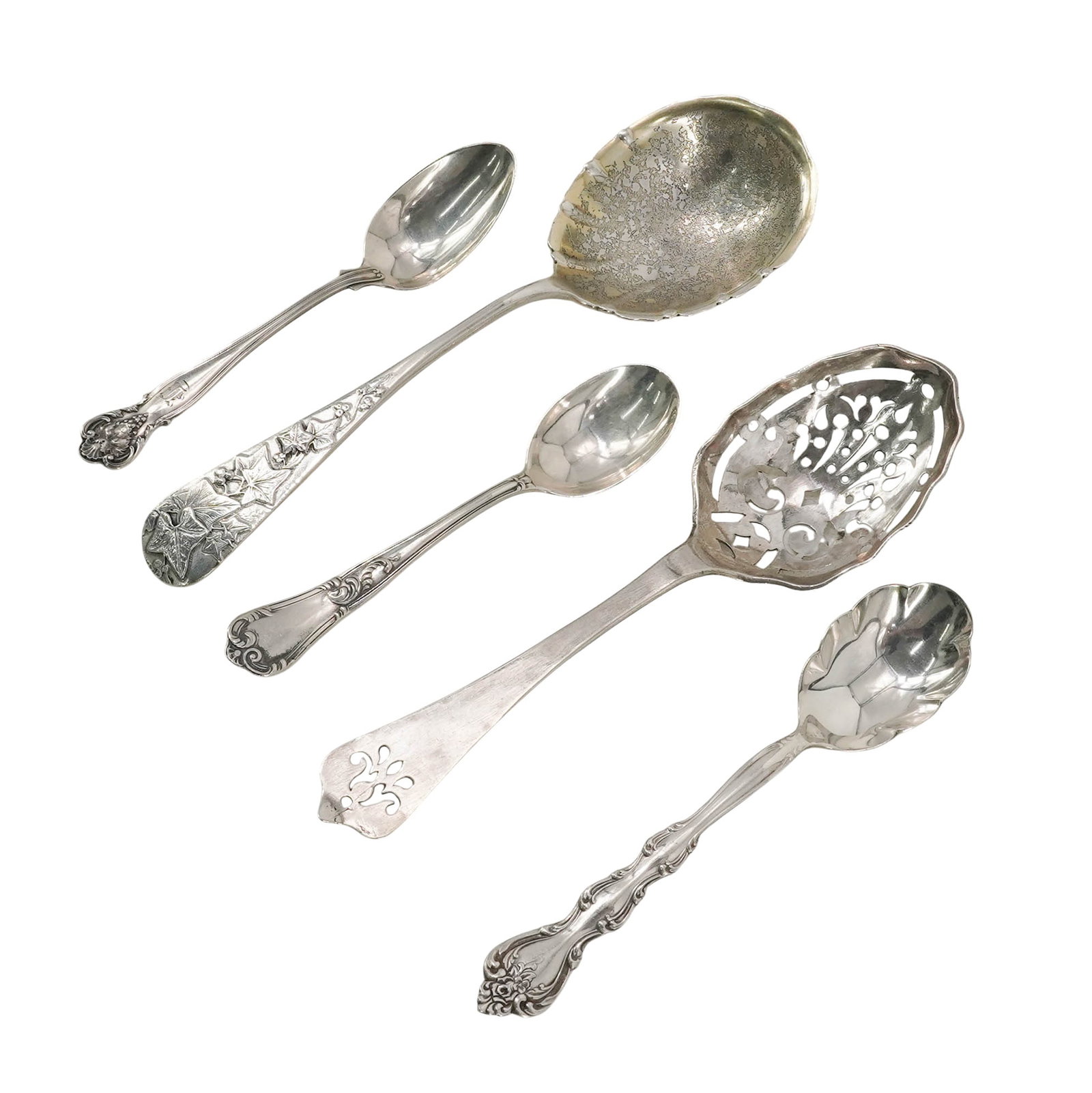 (5 pcs) Antique Sterling and Silver Plated Spoons: (5 pcs) Antique Sterling and Silver Plated Spoons Late 19th-early 20th century A set of four sterling silver spoons and one silver plated spoon. (1) International Silver Co. silver-plated spoon. Marke