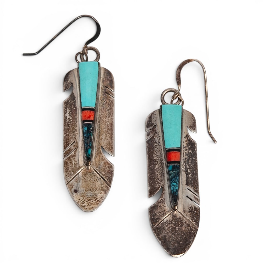 A pair of Marilyn Yazzie Navajo sterling silver and multistone inlay feather earrings (1 of 6)