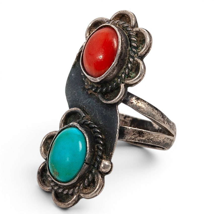 A Southwest sterling silver, turquoise, and coral ring (1 of 6)