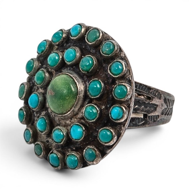 A Zuni Pueblo sterling silver and turquoise cluster ring (1 of 7)