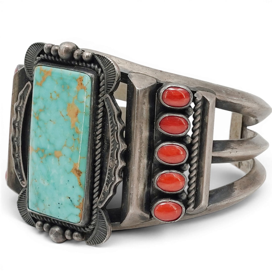 A Kirk Smith Navajo sterling silver, turquoise, and coral three-rail cuff bracelet (1 of 5)