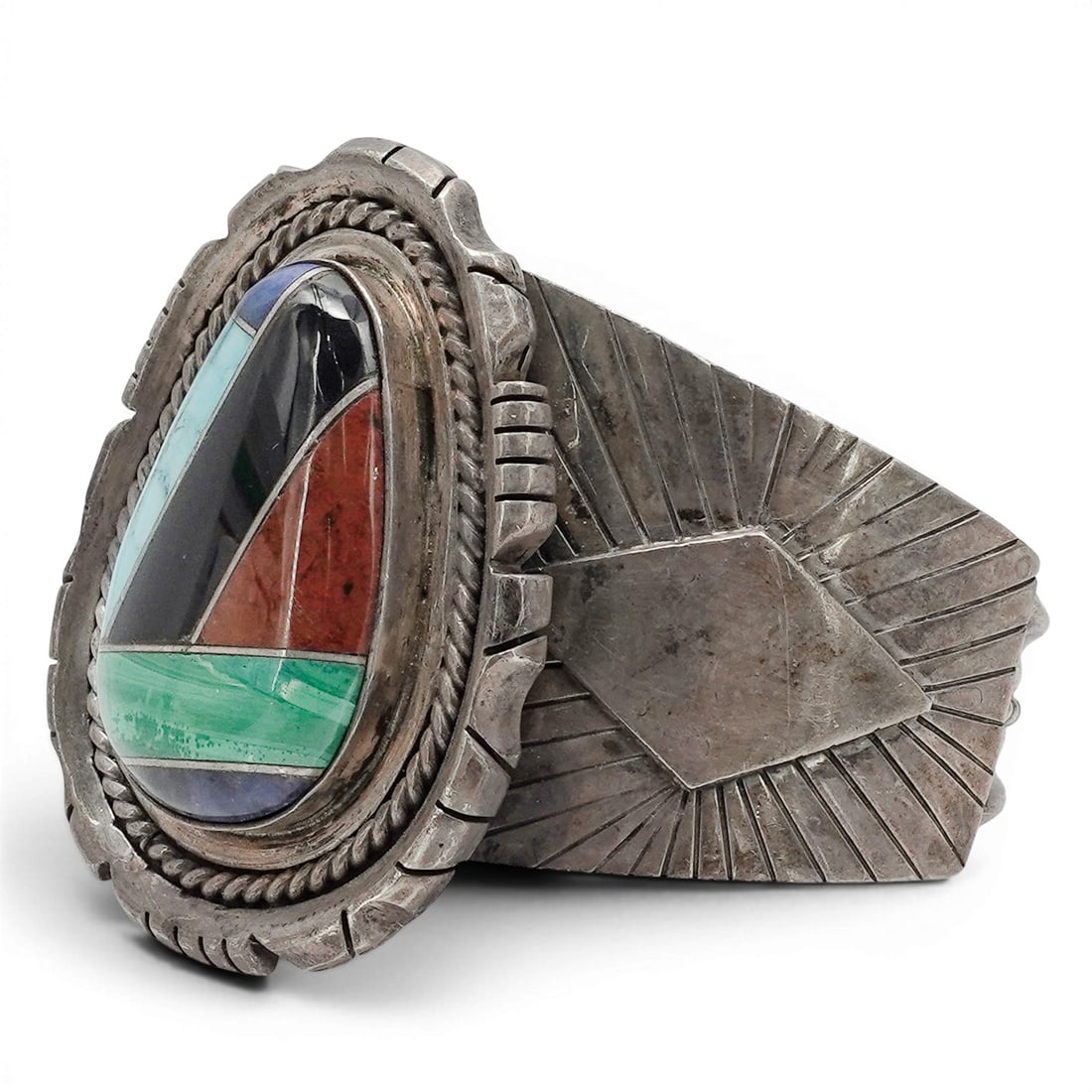 A Southwest sterling silver and multistone inlay cuff bracelet (1 of 5)