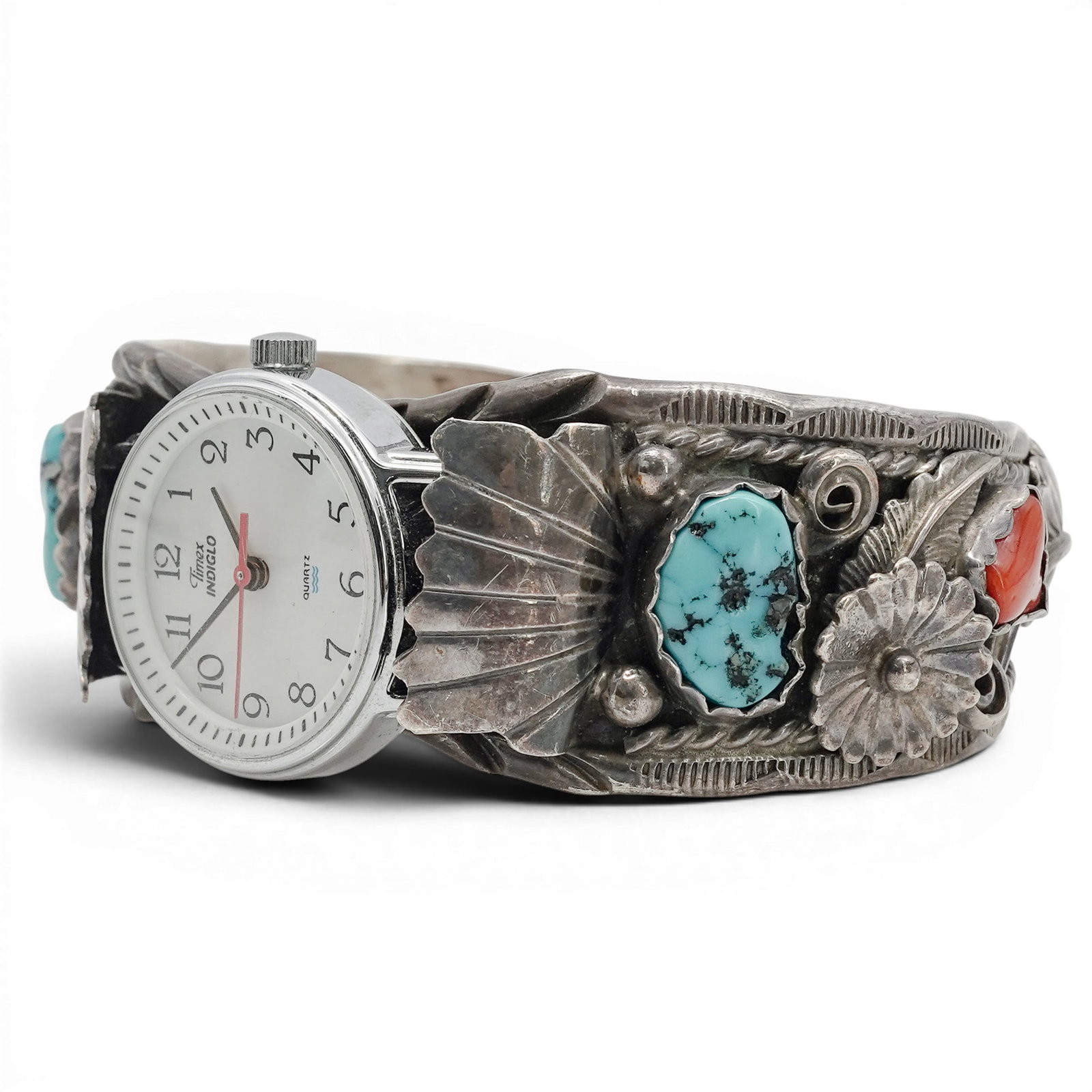 A Southwest sterling silver, turquoise, coral, and Timex cuff watch (1 of 6)