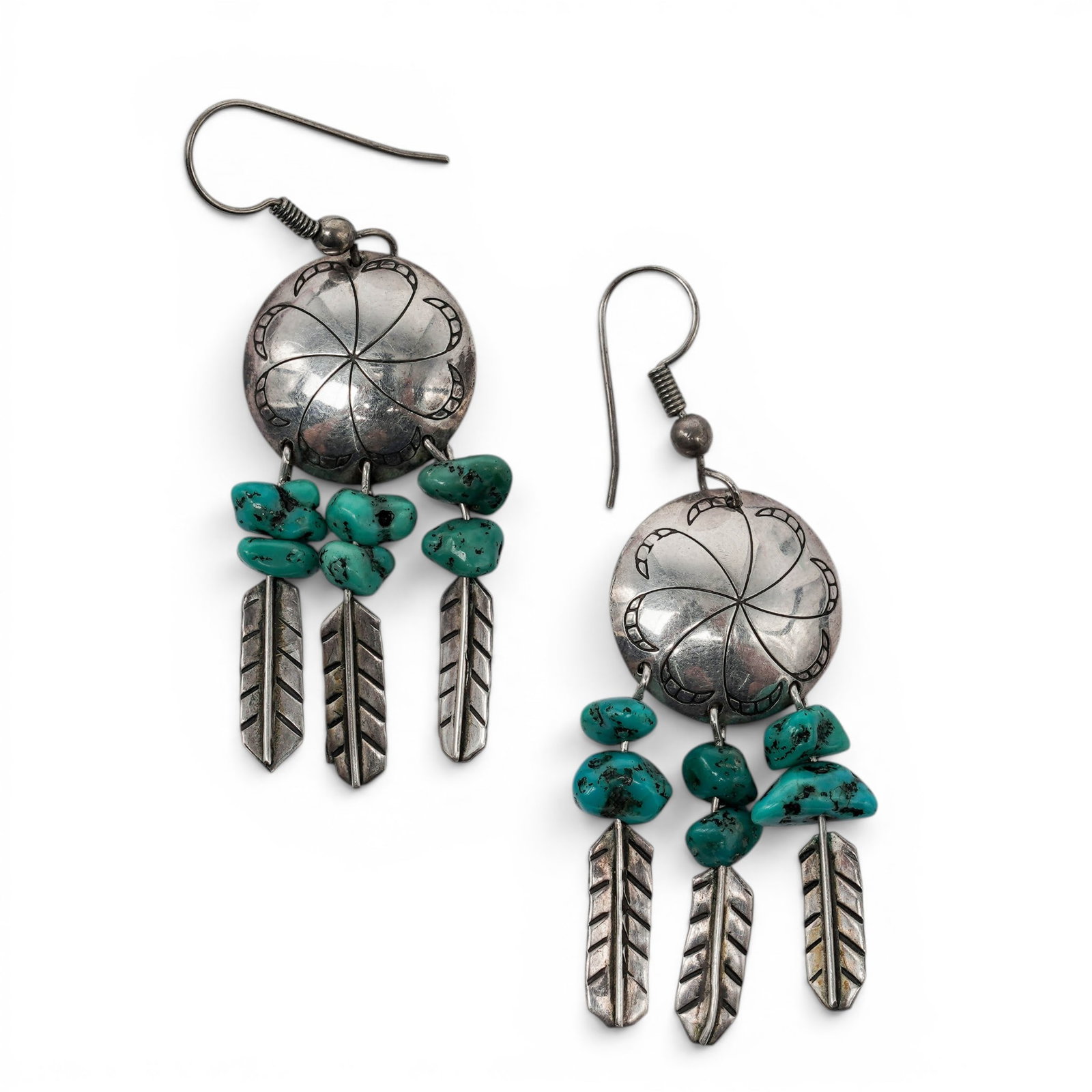 A pair of Southwest sterling silver and turquoise chandelier feather earrings (1 of 4)