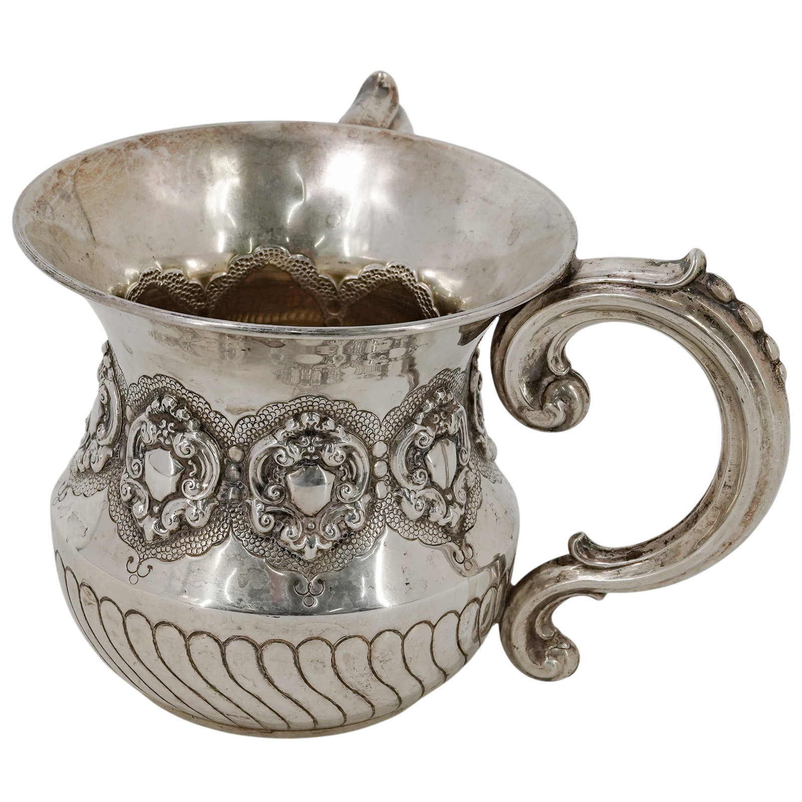 Victorian-Revival Sterling Silver Double-Handled Loving Cup: Victorian-Revival Sterling Silver Double-Handled Loving Cup c. 1970, USA Large, ornate sterling silver 925 double-handled loving cup featuring detailed scroll handles, a raised floral midsection, and 