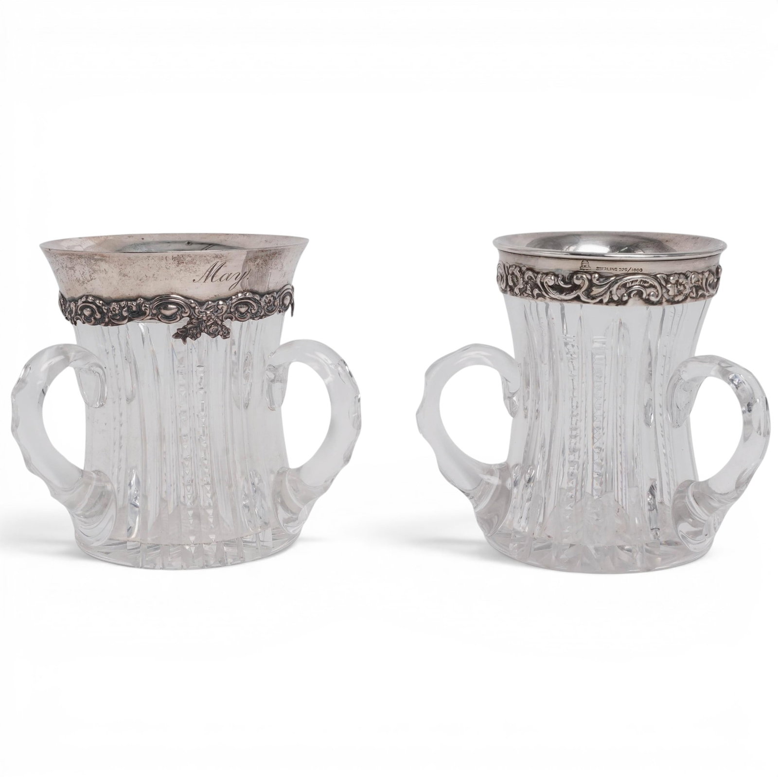 Pair Antique Crystal Loving Cups w/ Sterling Silver Rims (1 of 9)