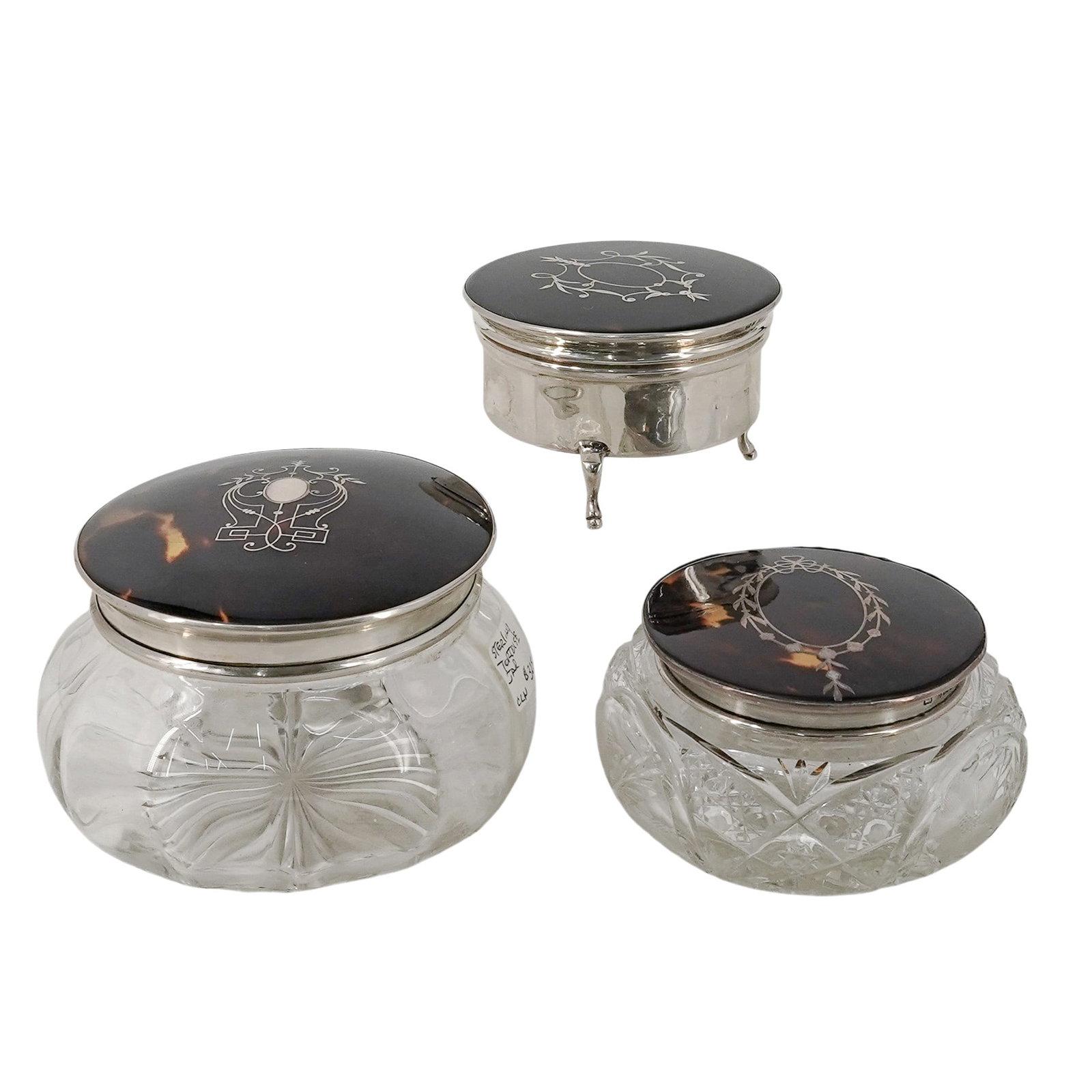 (3pc) English Tortoise Hued Sterling & Glass Vanity Jars: (3pc) English Tortoise Hued Sterling & Glass Vanity Jars Late 19th to early 20th Cent., English These were popular luxury items during the Edwardian era. The tops of the lids of each jar are made from