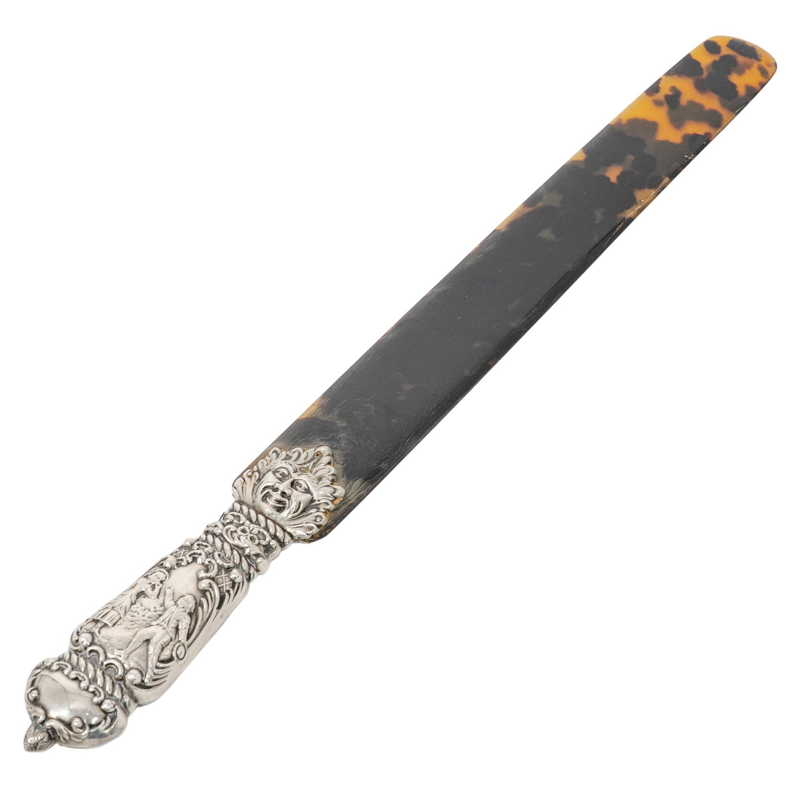 Antique Sterling Silver Mounted Tortoise Hued Page Turner: Antique Sterling Silver Mounted Tortoise Hued Page Turner Late 19th - Early 20th Cent, European Page turner with tortoise–hued body and sterling silver mounted handle. Handle decorated with man and