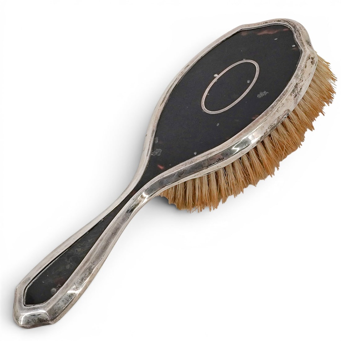 Antique English Sterling Silver & Tortoise Hue Brush: Antique English Sterling Silver & Tortoise Hue Brush Early 20th Cent, England English dressing table brush featuring a sterling silver back and tortoise-shell-hued finish. Decorative silver mount