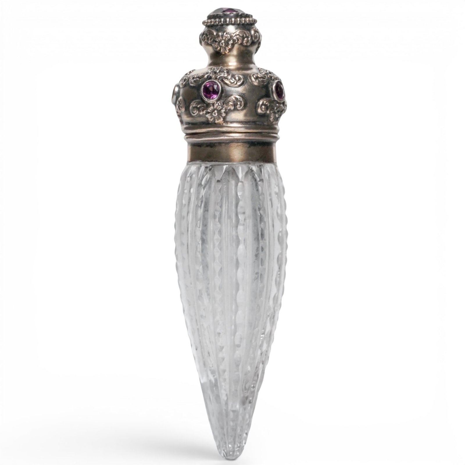 R. Blackington & Co Chatelaine Perfume Bottle w/ Sterling Silver & Amethyst: R. Blackington & Co Chatelaine Perfume Bottle w/ Sterling Silver & Amethyst c. 1880s-1900, USA Victorian era cut crystal & sterling silver hinged flip lid with amethyst stones perfume bottle. This