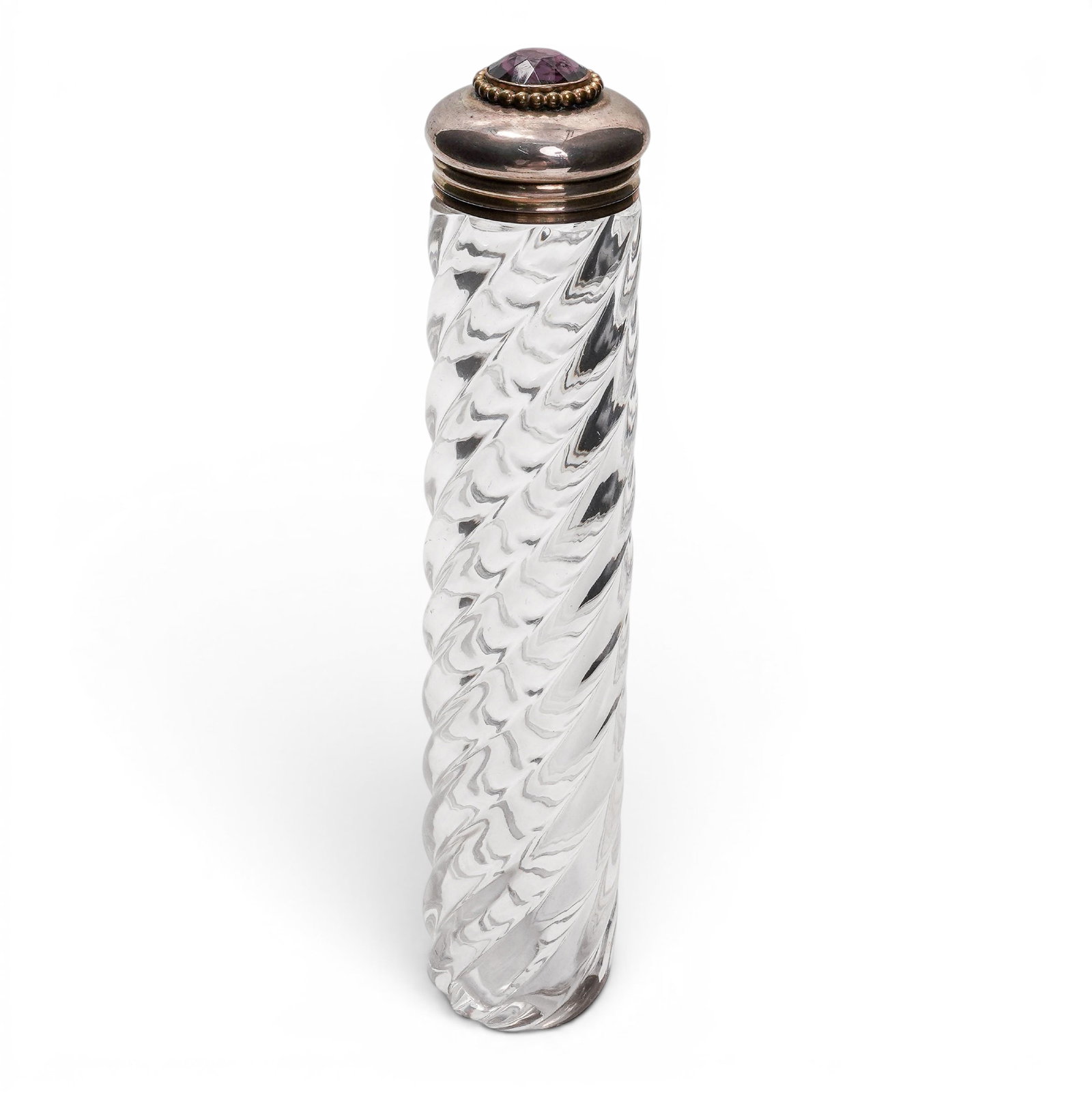 English Frederic Purnell Sterling, Amethyst & Glass Perfume Bottle: English Frederic Purnell Sterling, Amethyst & Glass Perfume Bottle 1925-1930. English Art Deco sterling silver and swirl-fluted glass scent bottle. Formed as an elongated, cylindrical glass dressing t