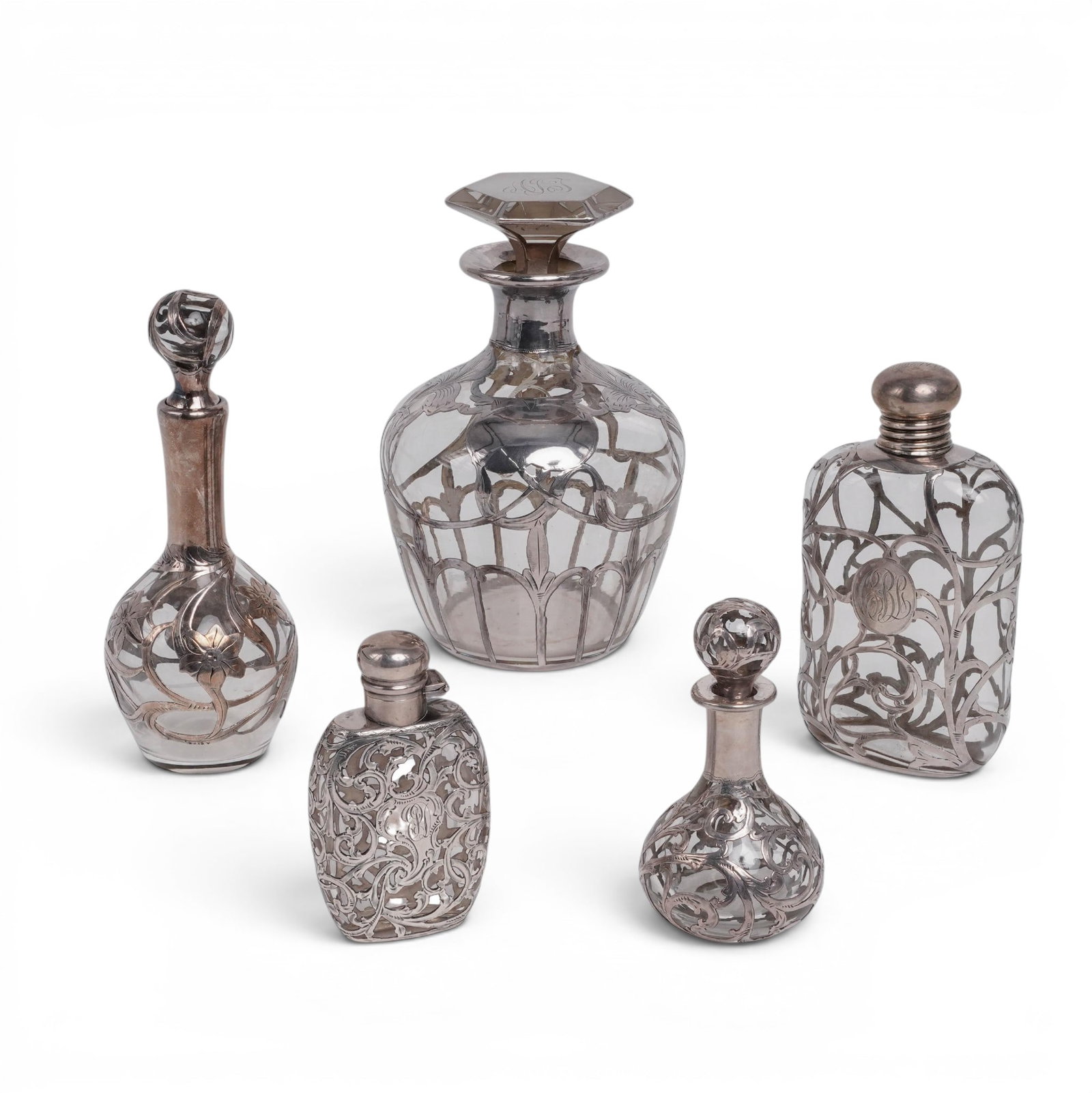 (5pc) Art Nouveau Alvin Silver Overlay & Glass Perfume Bottles (1 of 17)