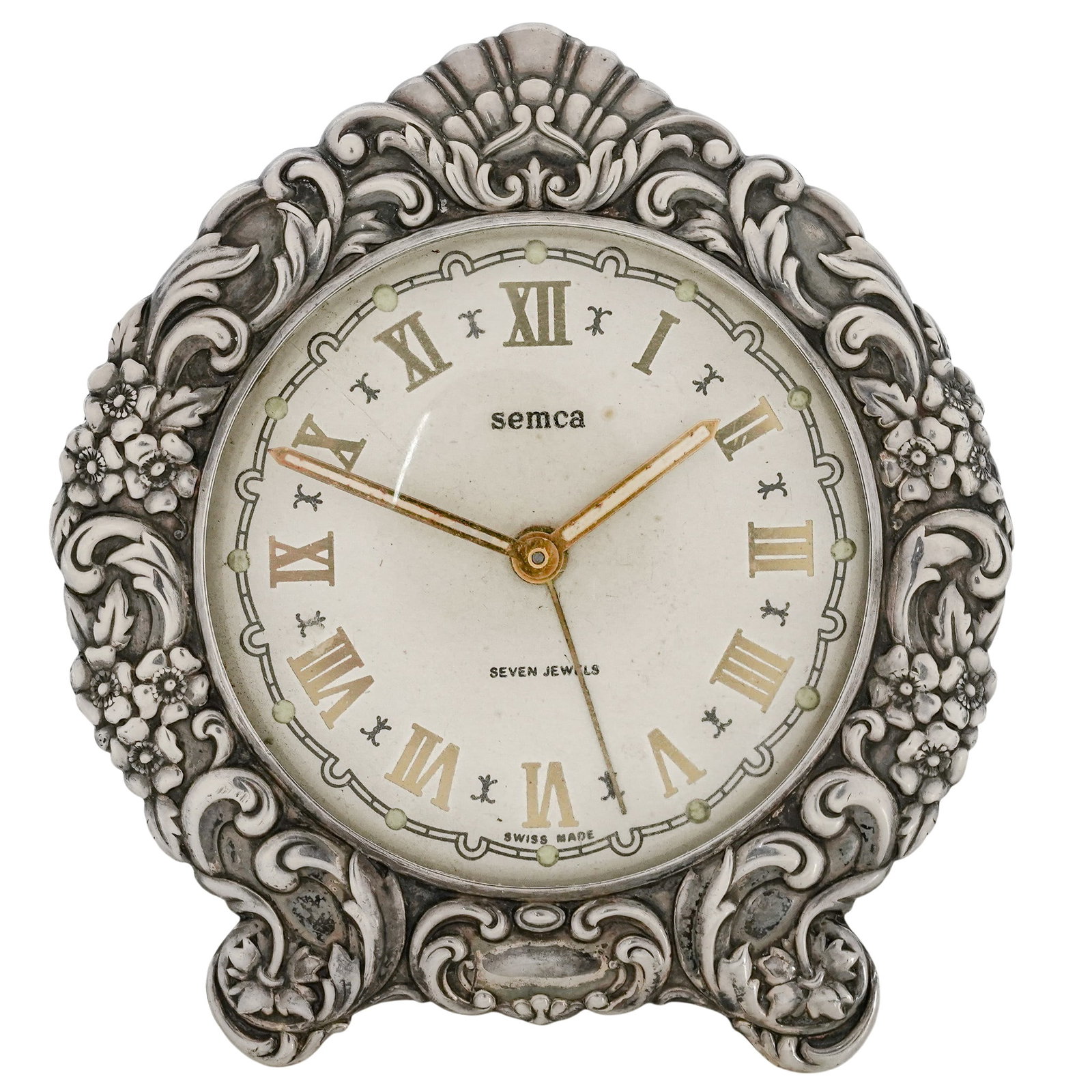 Vintage Semca Sterling Desk / Travel Clock: Vintage Semca Sterling Desk / Travel Clock c. 1950-1960s, American Vintage Semca Desk / Travel Clock features a highly detailed, repose style floral and scroll pattern, reminiscent of Rococo design.