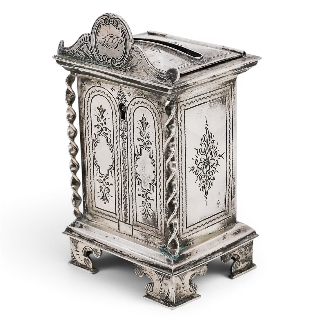 Antique Sterling Silver Cabinet Coin Bank: Antique Sterling Silver Cabinet Coin Bank Early 20th Cent. Sterling silver novelty coin bank modeled in a cabinet form, featuring paneled sides and a fitted coin slot. Designed with hinged access