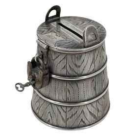Antique 84 Russian Silver Barrel Coin Bank