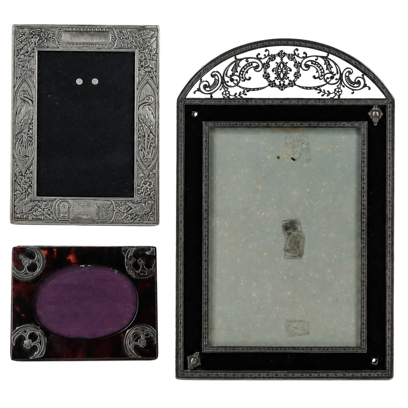 (3 pc) Antique Cartier and Art Nouveau Silver & Lacquer Picture Frames: (3 pc) Antique Cartier and Art Nouveau Silver & Lacquer Picture Frames Late 19th - Early 20th Cent, Likely All France Group of three antique picture frames, including one by Cartier. Featuring silver-