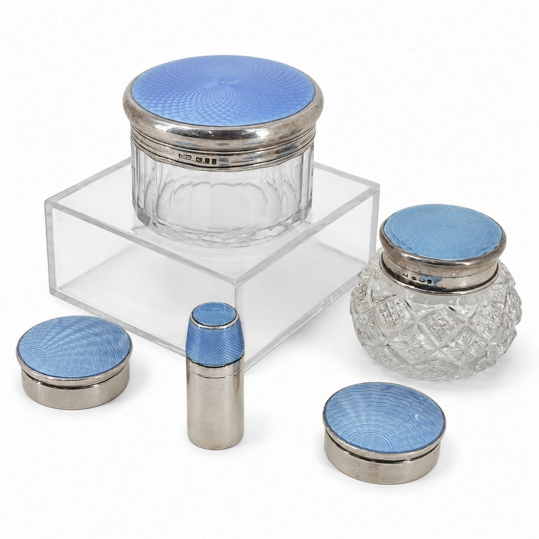 (5 pcs) English Sterling Silver Guilloche Enameled Vanity Set (1 of 11)