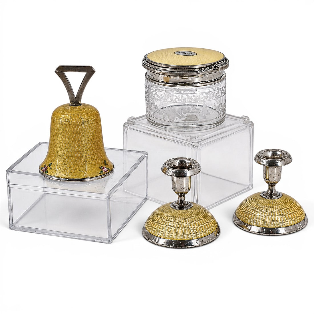 (4 pcs) Vintage Sterling and Guilloche Enameled Tableware: (4 pcs) Vintage Sterling and Guilloche Enameled Tableware Late 19th-early 20th century A four-piece grouping of sterling silver tableware with yellow guilloche enameled finishes. (2) Pair of Norwegian