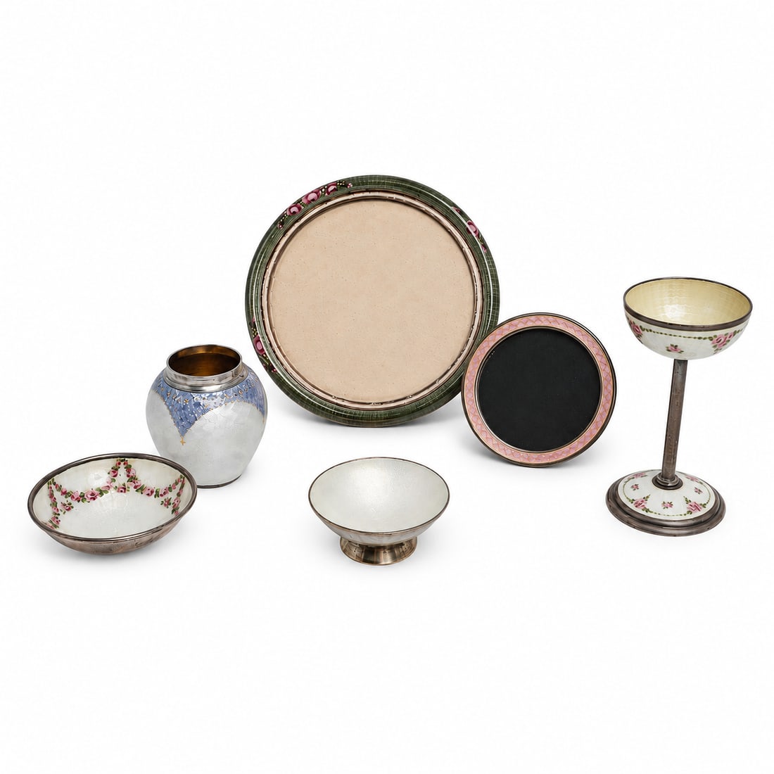 (6 pc) Collection Vintage Enamel and Sterling Silver Items: (6 pc) Collection Vintage Enamel and Sterling Silver Items c. 1890-1940, Denmark, Germany, England Total weight: 296g. The sterling silver lot includes : (1) Large round enameled flower Frame , Marked