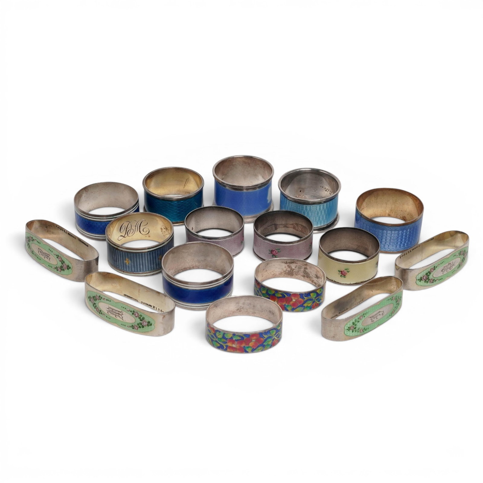 (16 pcs) Antique Sterling Silver Enameled Napkin Rings (1 of 16)