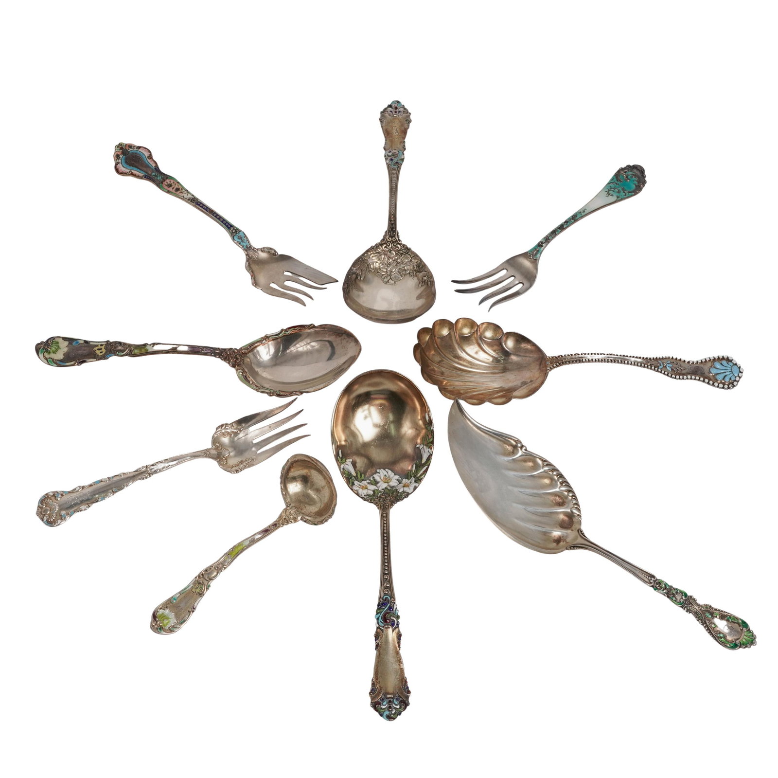 (9 pc) Antique Sterling Silver & High Relief Enamel Serving Utensils (1 of 14)