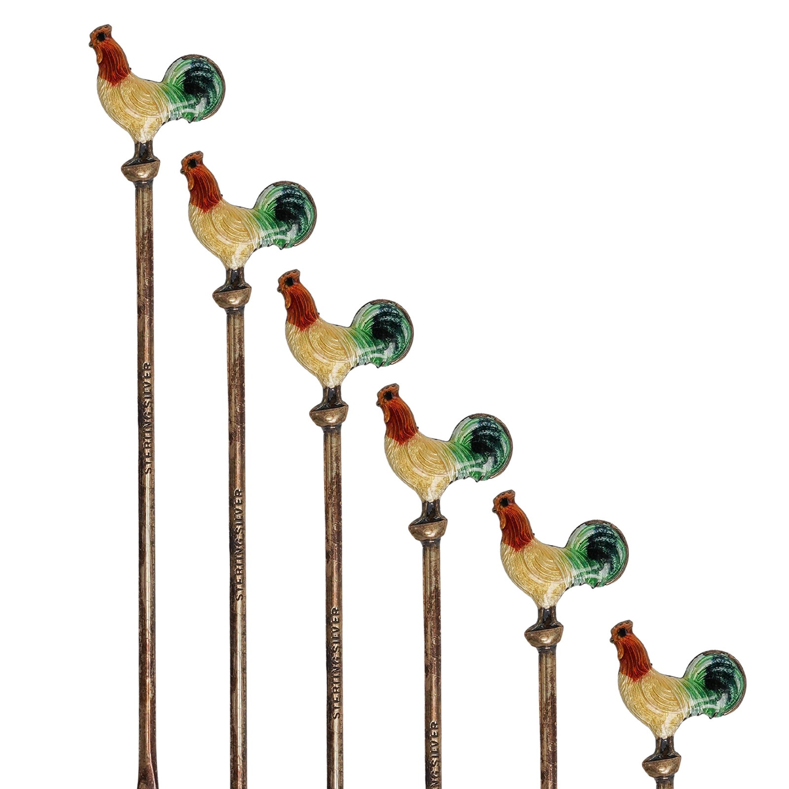 (6 pc) Art Deco Sterling Silver & Enameled Rooster Picks (1 of 10)