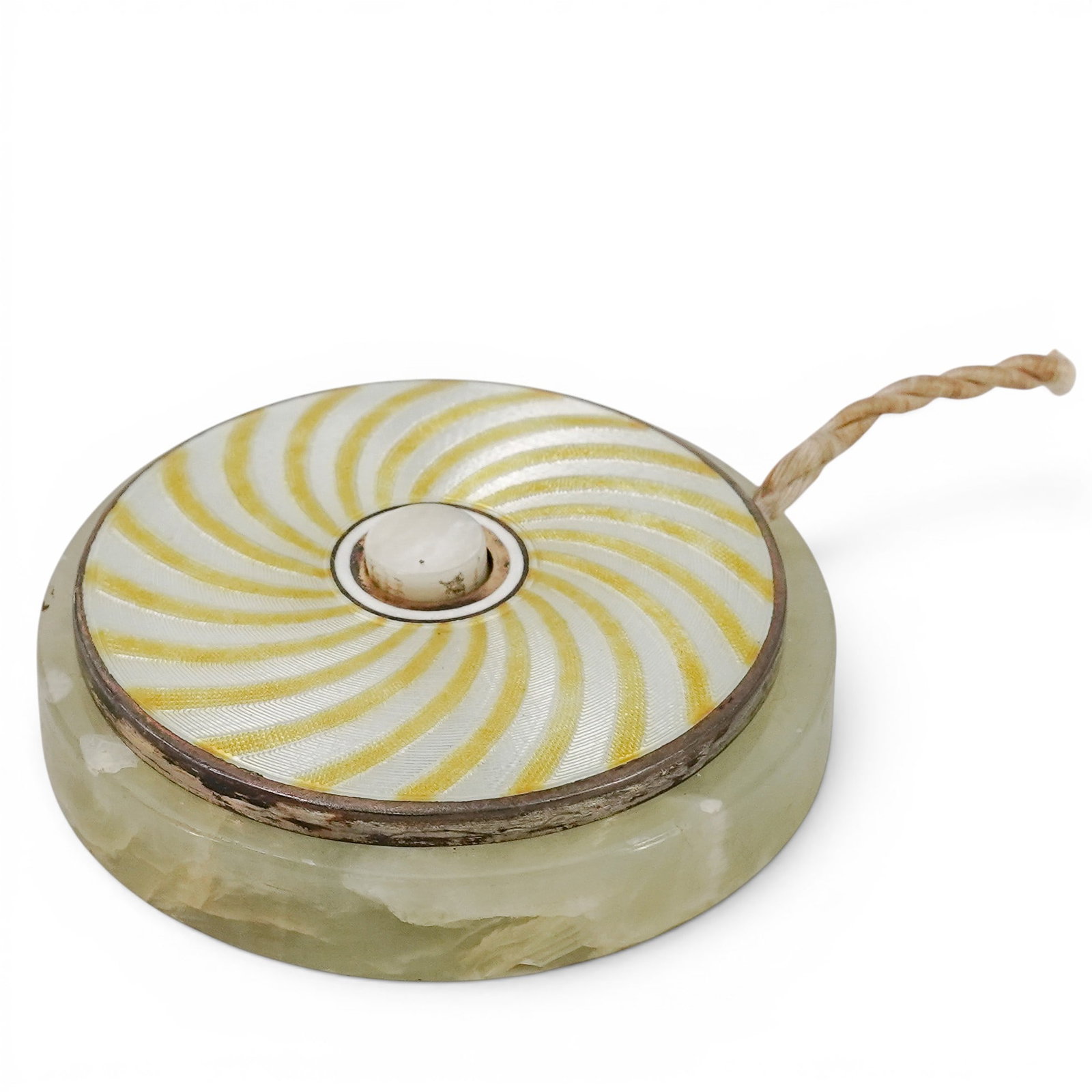 Edwardian Guilloche Enamel & Onyx Bell Push: Edwardian Guilloche Enamel & Onyx Bell Push circa 1901-1914 An Edwardian bell push featuring a yellow and white swired guilloche enamel top on a green onyx base. Diameter 2.5"