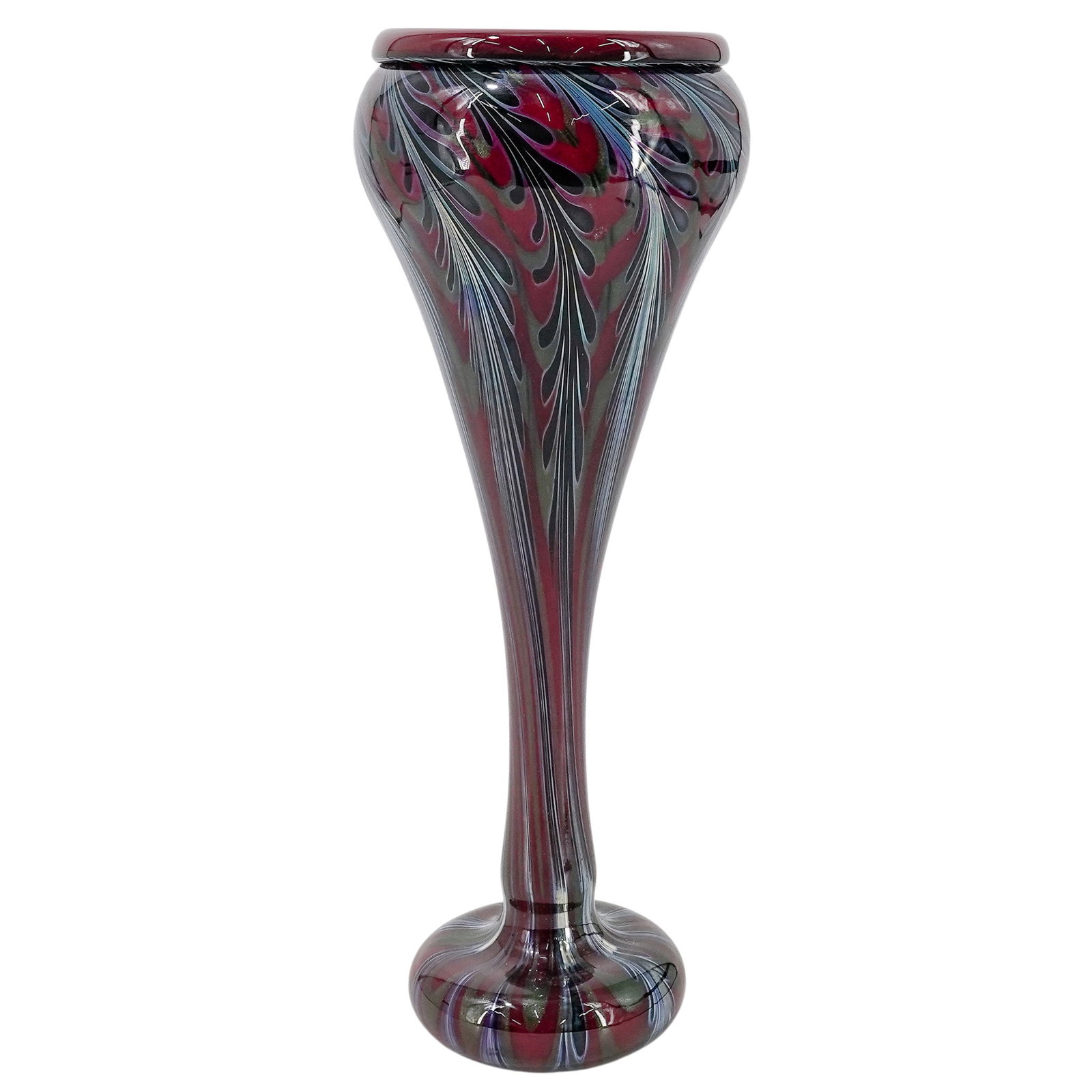 Charles Lotton (American,1935-2021) Aventurine Feather Glass Vase: Charles Lotton (American,1935-2021) Aventurine Feather Glass Vase 2003. American A hand-blown art glass trumpet vase by master glass artist Charles Lotton. The piece features a rich ruby red body ador